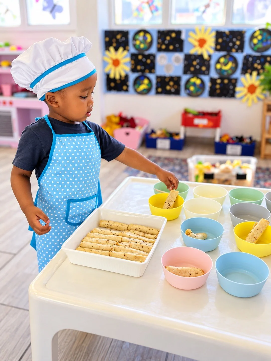 A young child dressed as a chef, wearing a white chef hat and a blue polka-dot apron, is playing with toy rolls and bowls on a table in a colorful classroom.