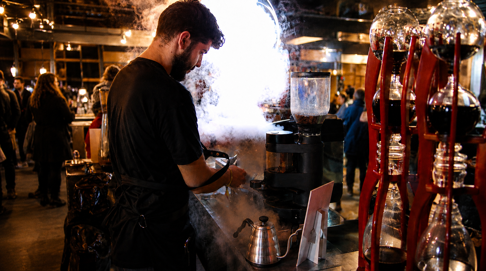 Premium specialty coffee service by Away for Koffie at an event. Specialty coffee catering setup by Away for Koffie in Rotterdam.
