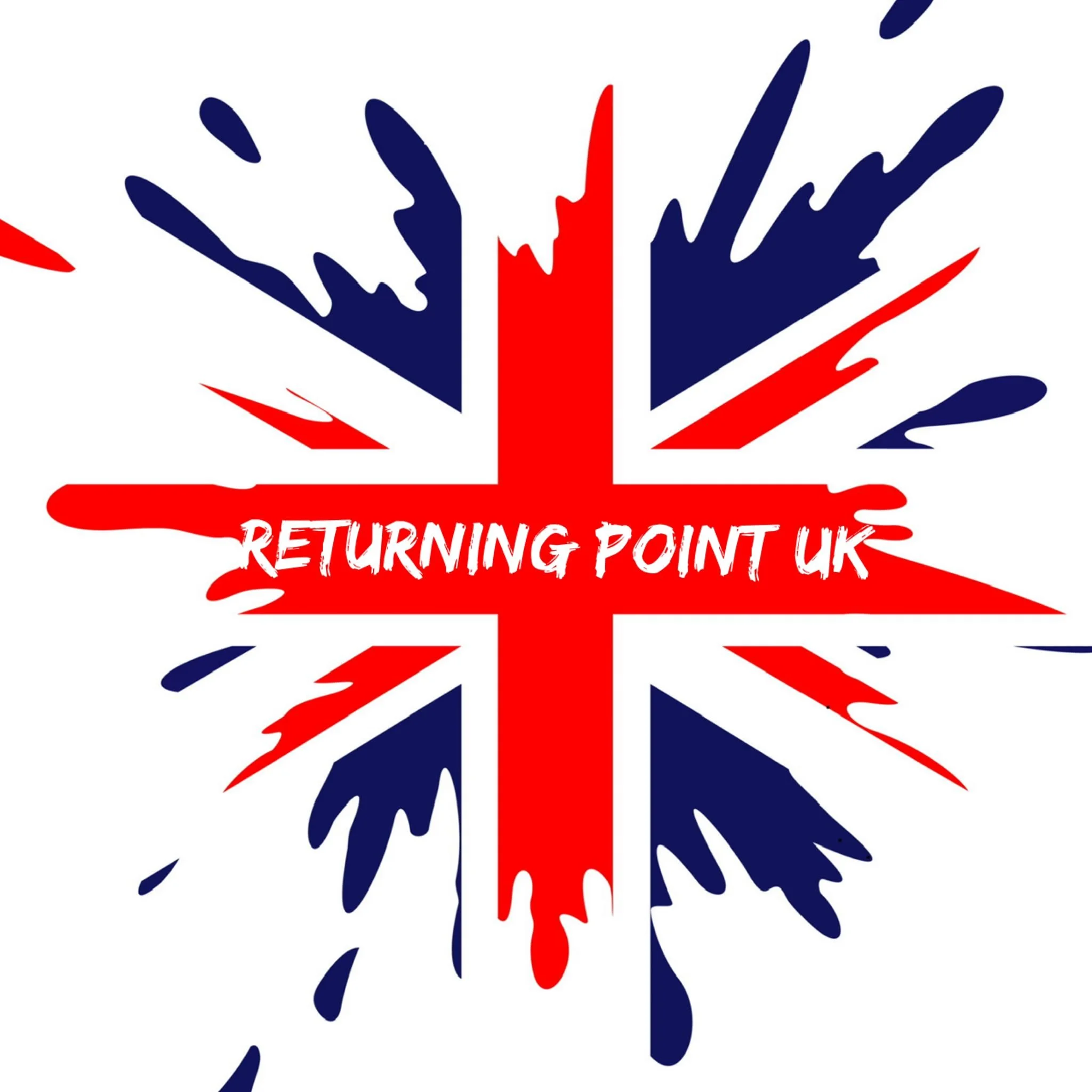 イギリス国旗を背景にした落書き風の「RETURING POINT UK」という文字と爆発エフェクト