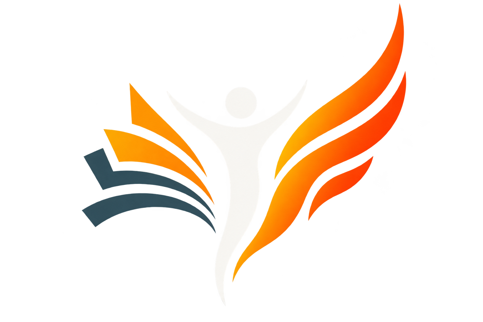 Abstract logo featuring a white stylized human figure with arms raised, surrounded by orange, yellow, and blue curved shapes.