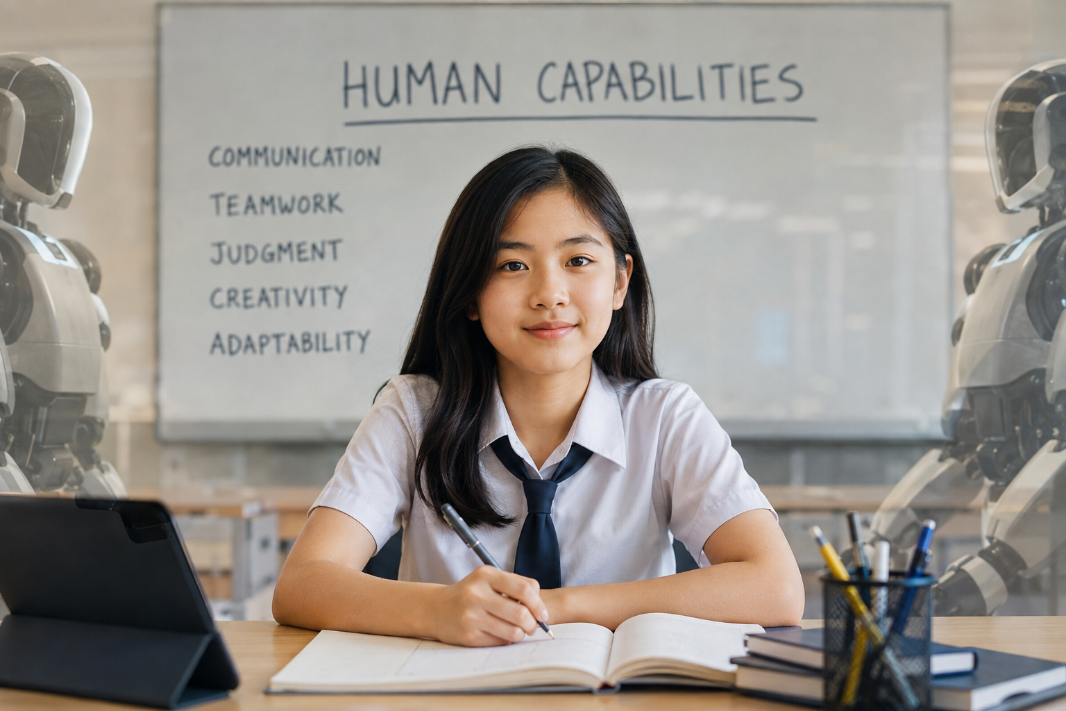 A young girl in school uniform sitting at a desk with a notebook, holding a pen, smiling. Behind her on a whiteboard titled 'Human Capabilities' with handwritten skills listed, and robot arms on each side of the scene.