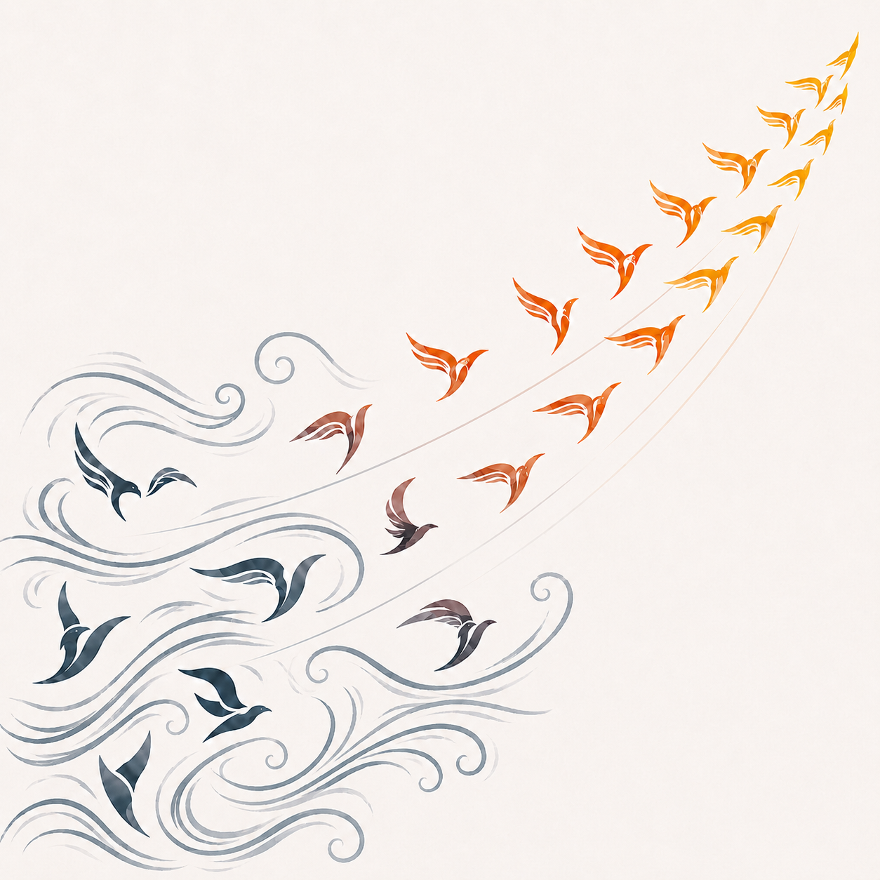 Stylized illustration of swirling wind with flying birds, transitioning from dark to orange colors.