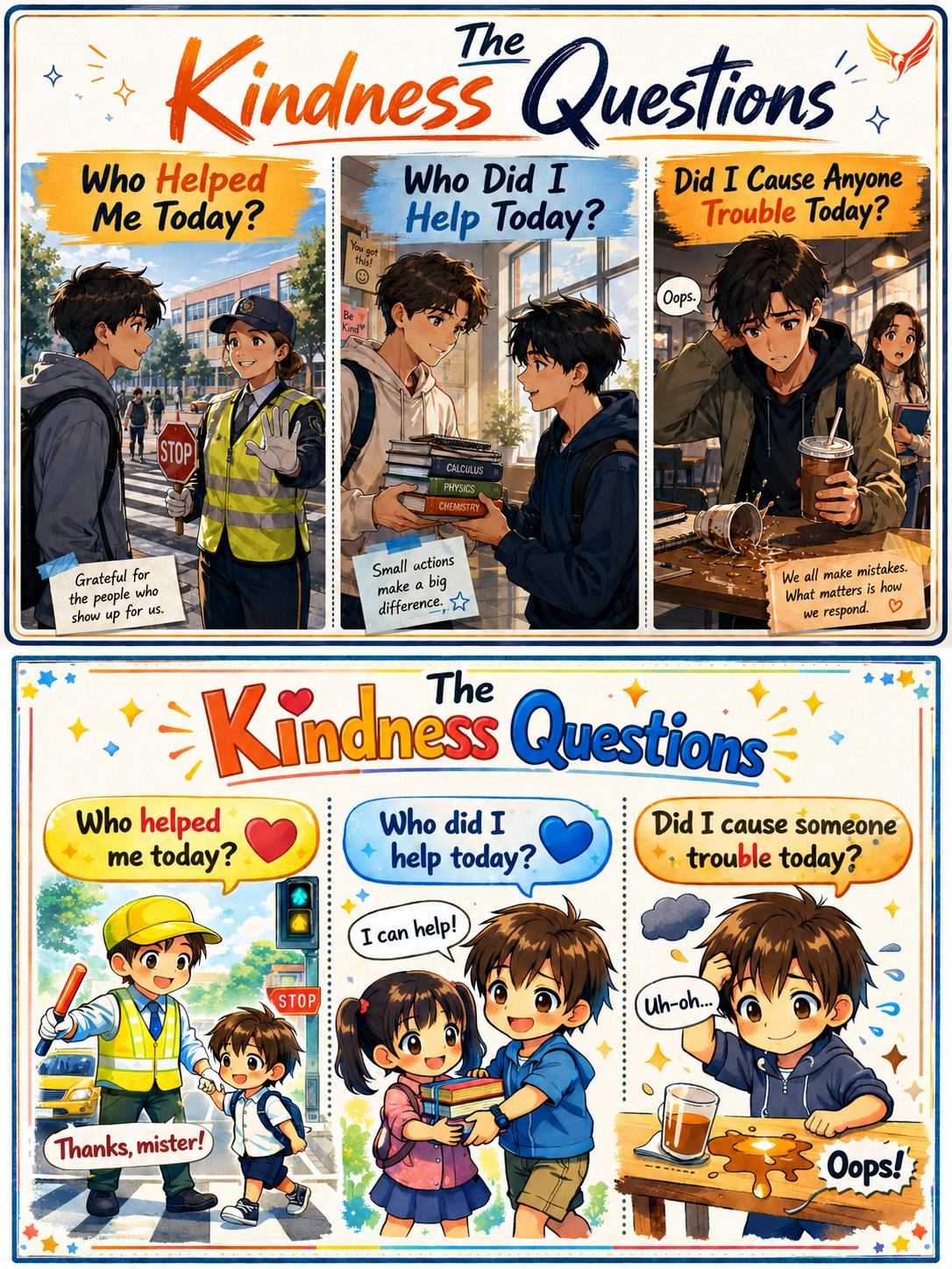 A colorful educational poster featuring cartoon illustrations of children showing kindness. The top section has three panels titled "The Kindness Questions": "Who Helped Me Today?" with a girl in a police vest talking to a boy; "Who Did I Help Today?" with a boy giving books to a girl; "Did I Cause Anyone Trouble Today?" with a boy spilling a drink. The bottom section repeats these questions with friendly cartoon children, emphasizing gratitude and helpfulness.