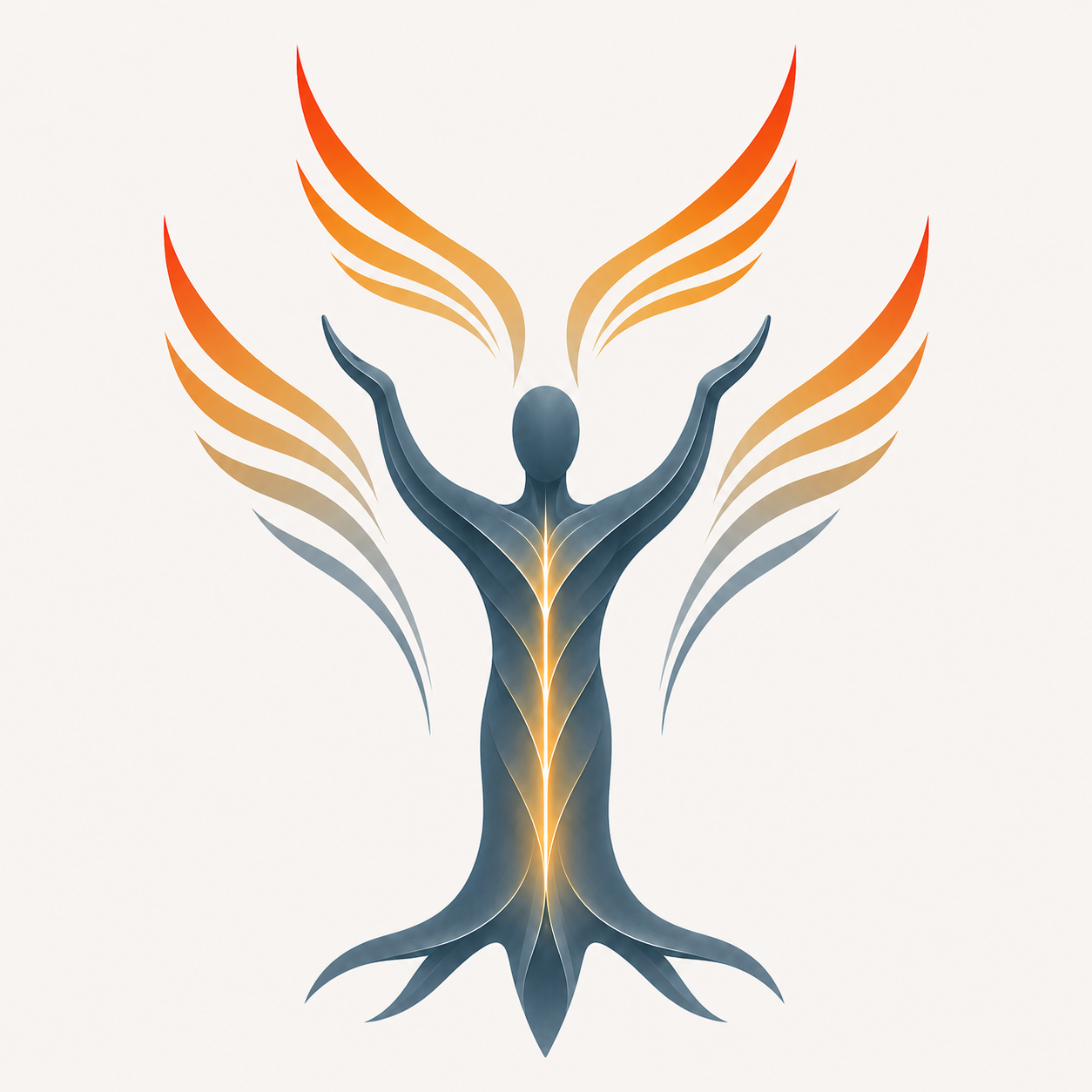 Abstract digital artwork of a stylized human figure with outstretched arms, surrounded by symmetrical flame-like shapes in shades of orange, yellow, beige, and gray.