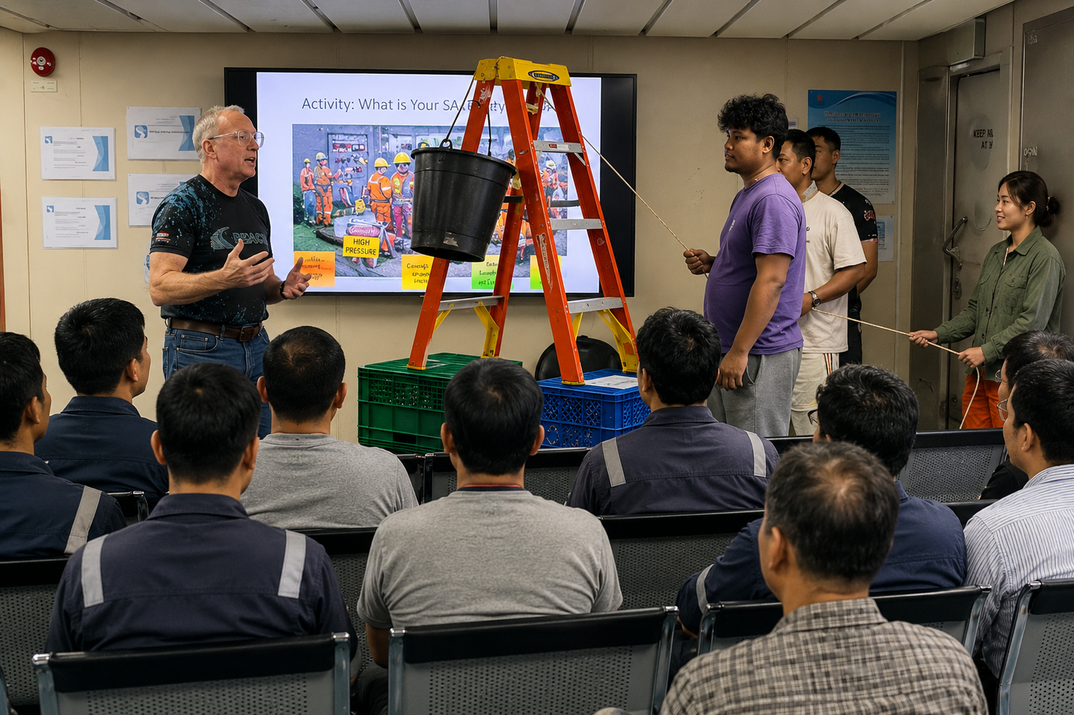 Instructor demonstrates a safety activity on high pressure using a bucket and roller in a classroom, with students observing and participating.