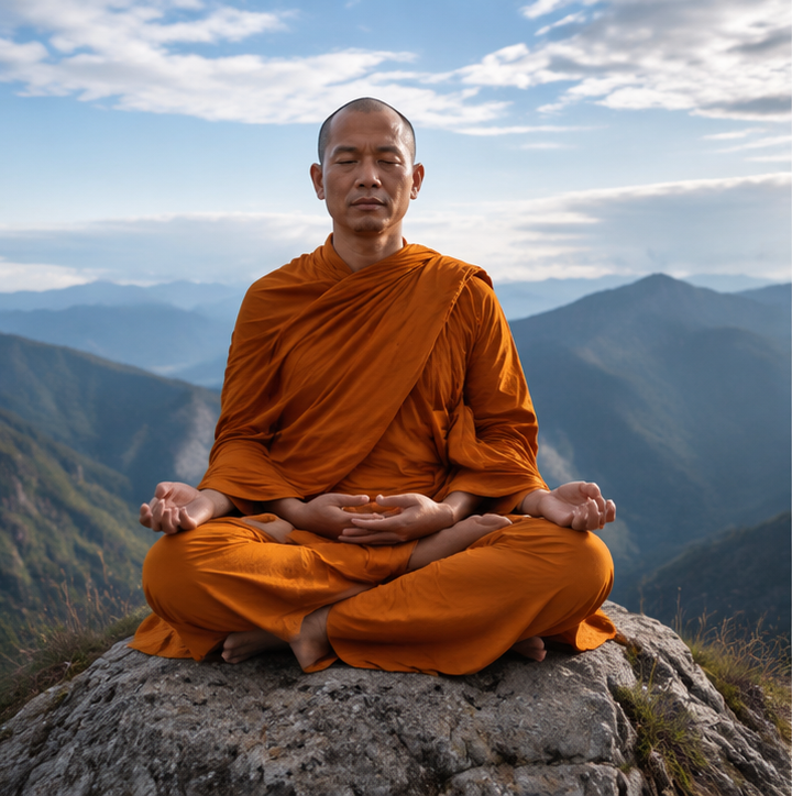 A Buddhist monk in orange robes practicing meditation on a mountain summit with a panoramic view of mountain ranges and a partly cloudy sky.