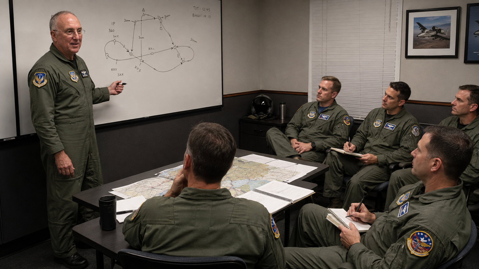 Military aviators conducting a structured post-flight debrief to examine performance and lessons learned.