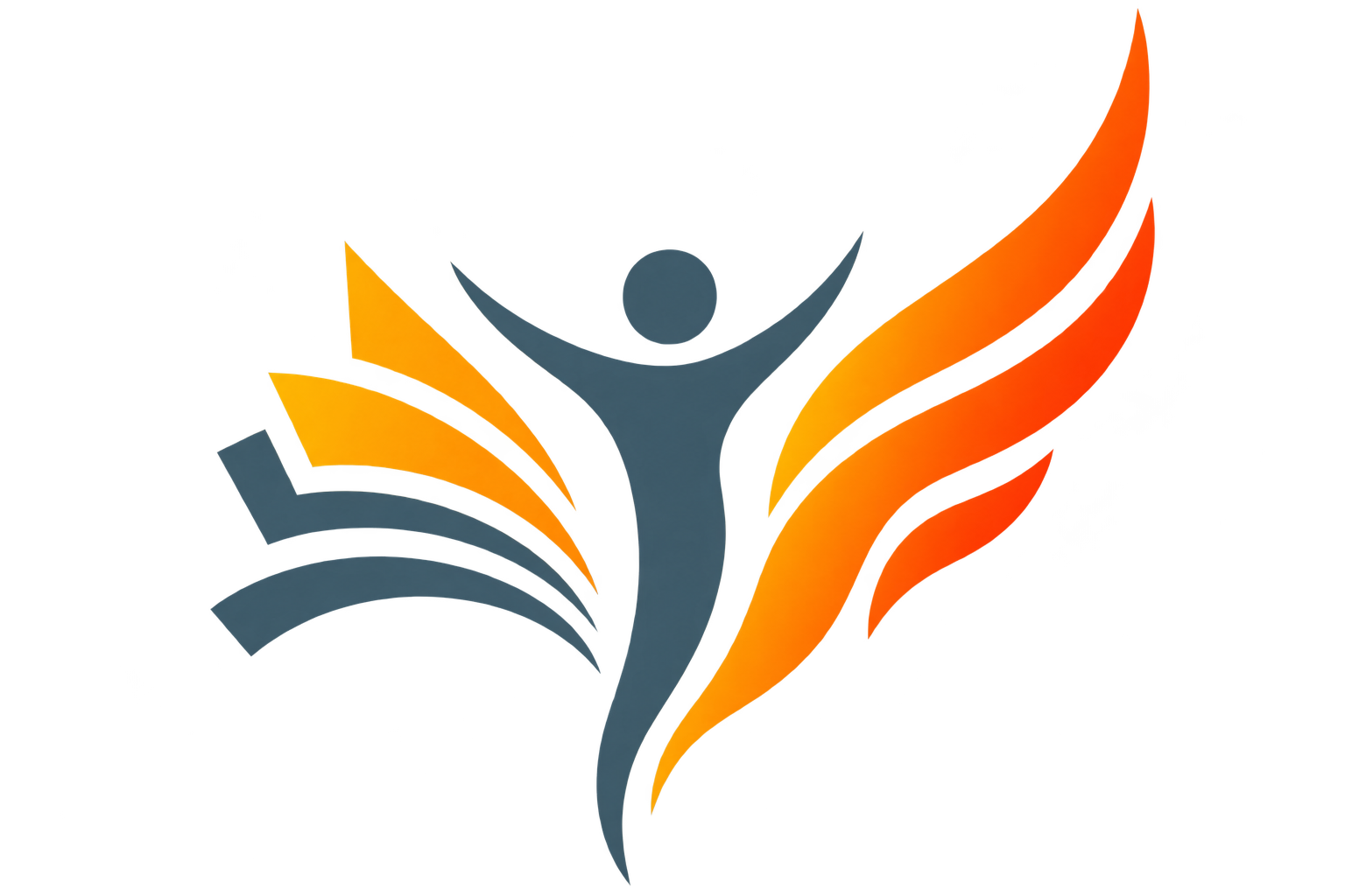 Abstract human figure with raised arms in front of an orange and yellow flame-like design.