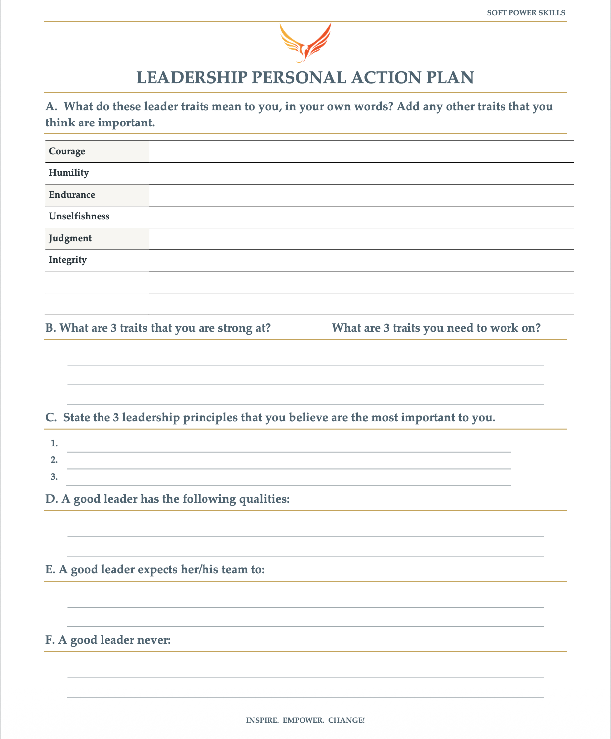 A leadership personal action plan worksheet with sections for traits, principles, qualities, and team expectations, featuring a logo at the top with an eagle.