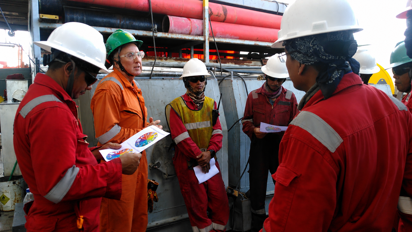 Group of workers in hard hats and protective gear having a discussion at an industrial site with pipes in the background.