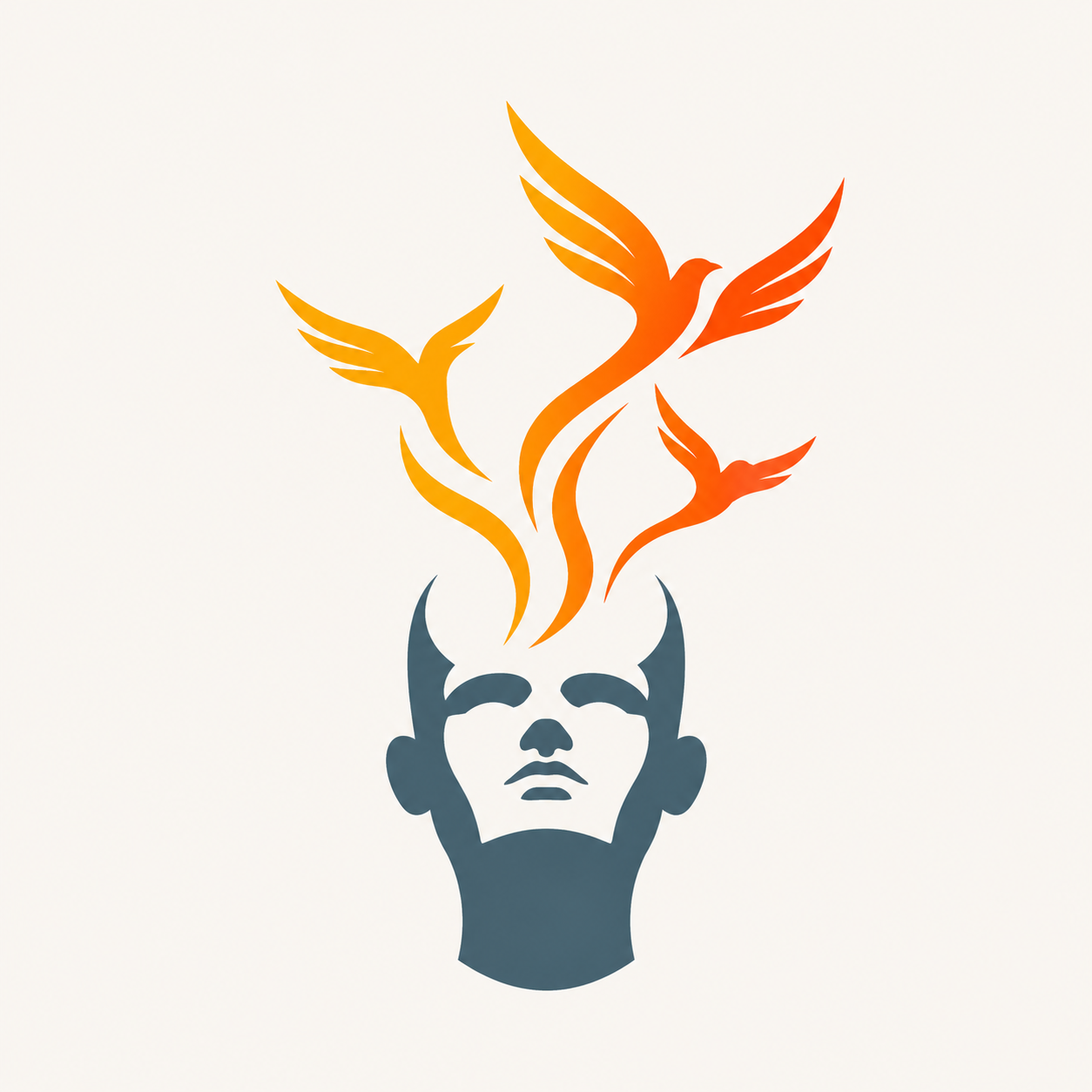 A stylized illustration of a person's head in dark gray with a neutral expression, with abstract flames in orange and red rising from their head, resembling flying birds.