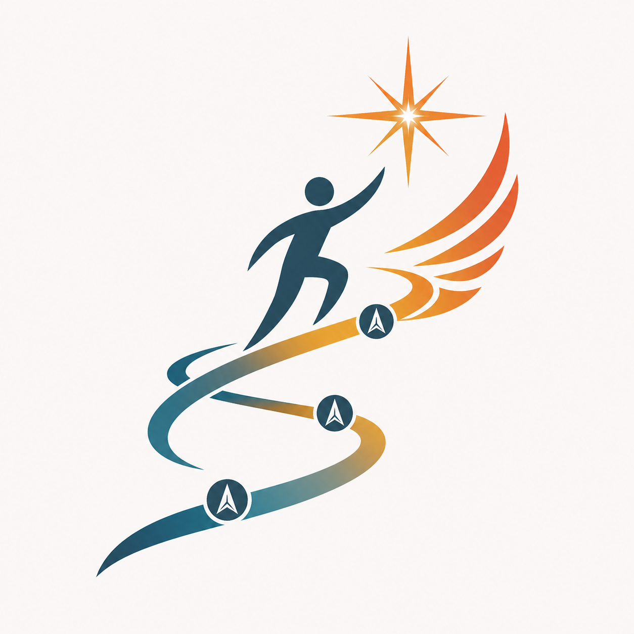 A stylized illustration of a person climbing upward along a path marked with career milestones, culminating in reaching a star with wings and a shining star at the top.