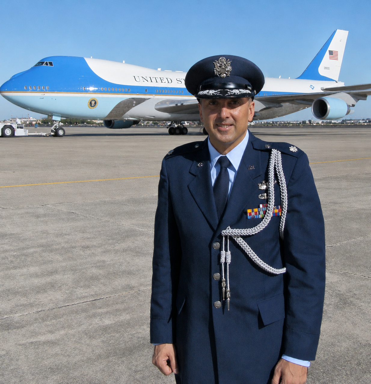 Robert Cummings in U.S. Air Force dress uniform on an airfield with Air Force One in the background.