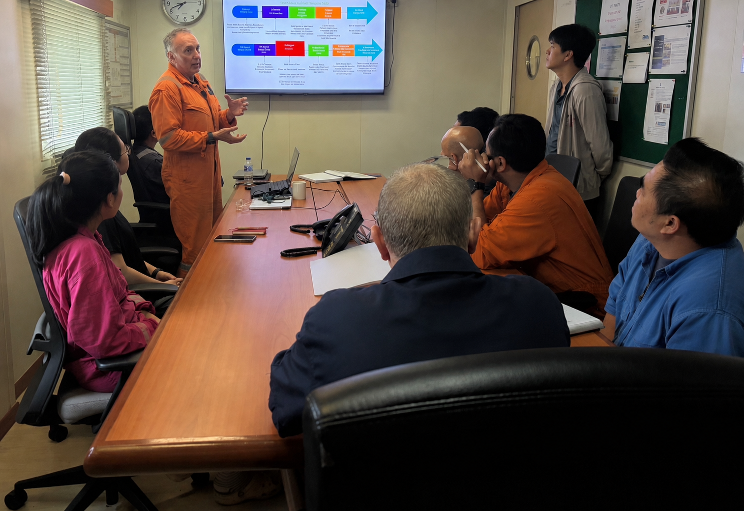 A group of people in a conference room attending a presentation. One person is standing and speaking, while others are seated around a large wooden table. A man on the wall is presenting a slide on a screen.