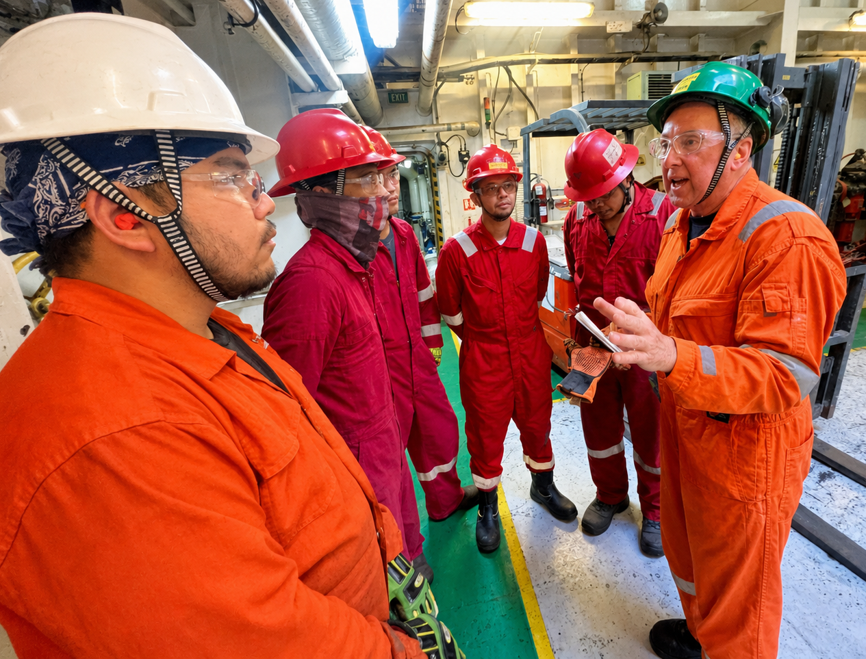 Group of five workers wearing safety helmets and protective gear listening to a supervisor who is explaining something in a factory or industrial setting.