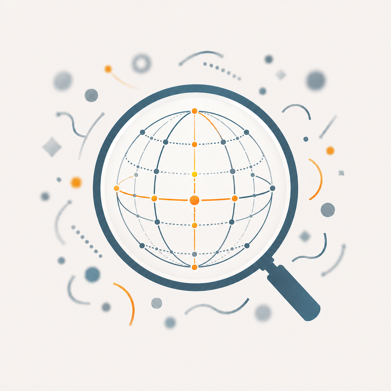 A magnifying glass focusing on a globe with interconnected lines and dots, surrounded by abstract shapes and patterns.