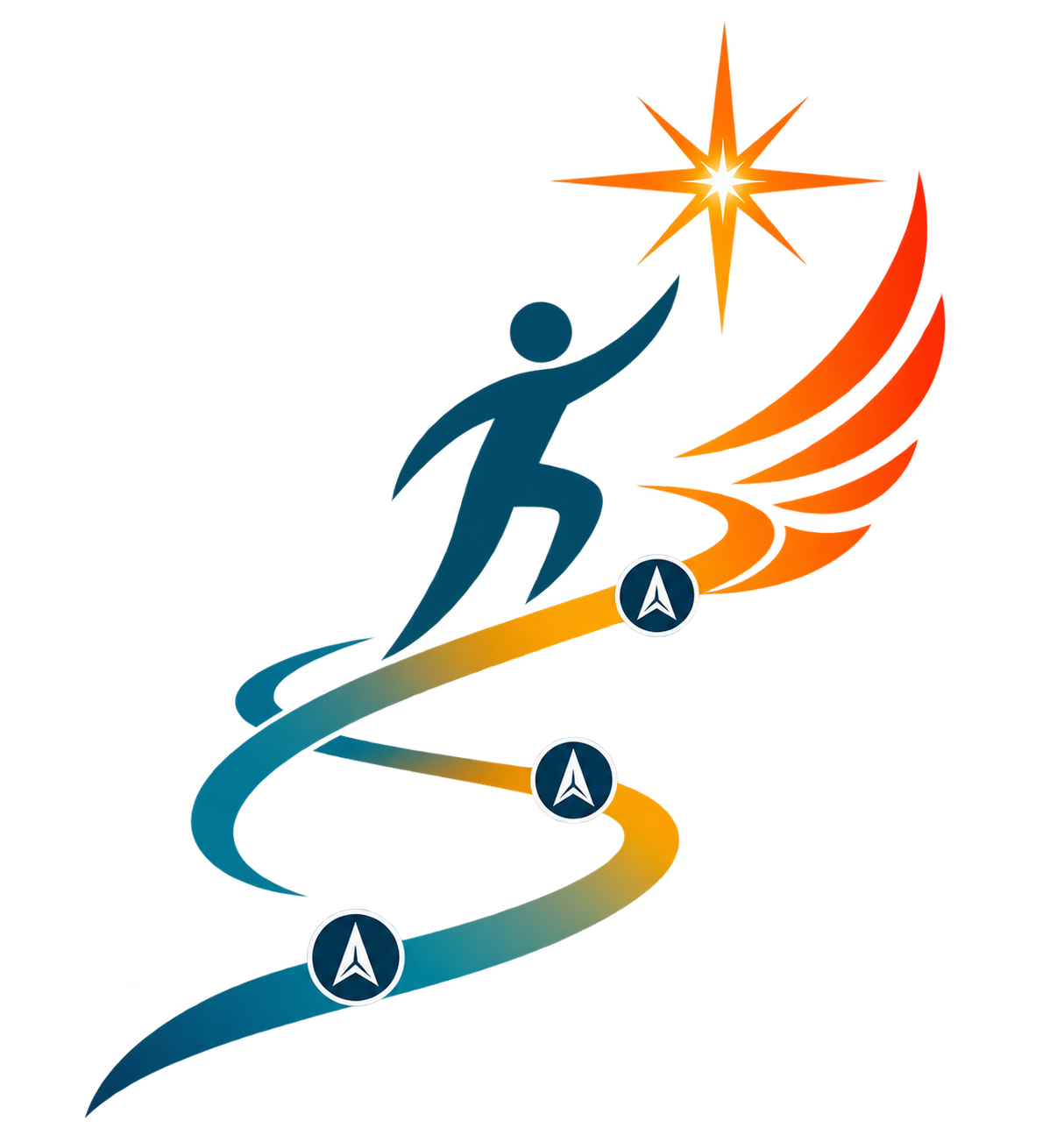 A stylized figure is climbing a colorful, winding path towards a bright star at the top. The path is marked with multiple points, each featuring a logo resembling a compass or navigation symbol, signifying progress or milestones.