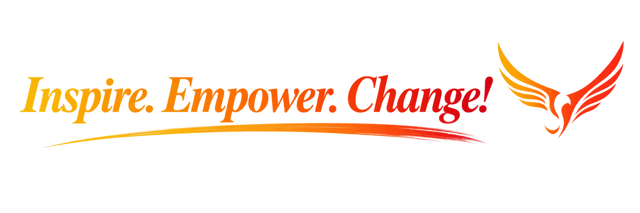 Inspire. Empower. Change. logo with stylized wings on the right in red and yellow gradient.