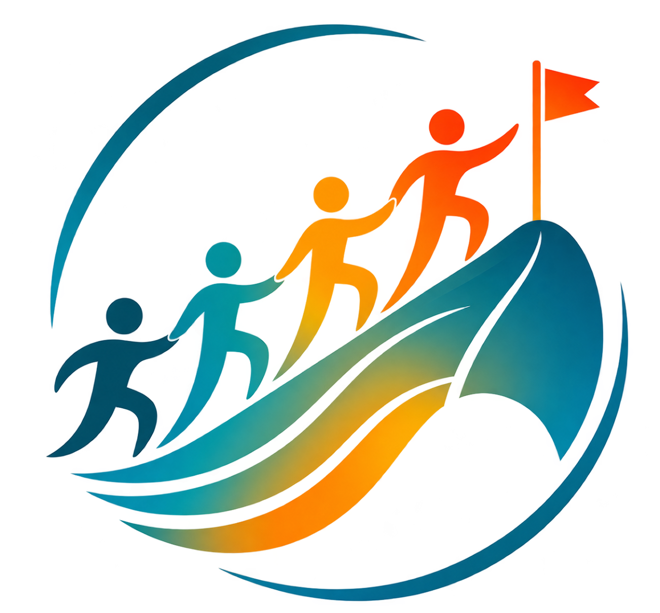 Graphic of four human figures ascending a curved path toward a flag, with a rainbow gradient background symbolizing growth and progress.