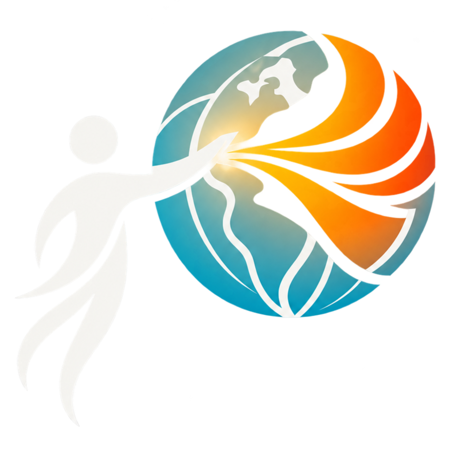 Illustration of a stylized figure reaching out to an image of the Earth, which is emitting orange and red rays, symbolizing climate change.