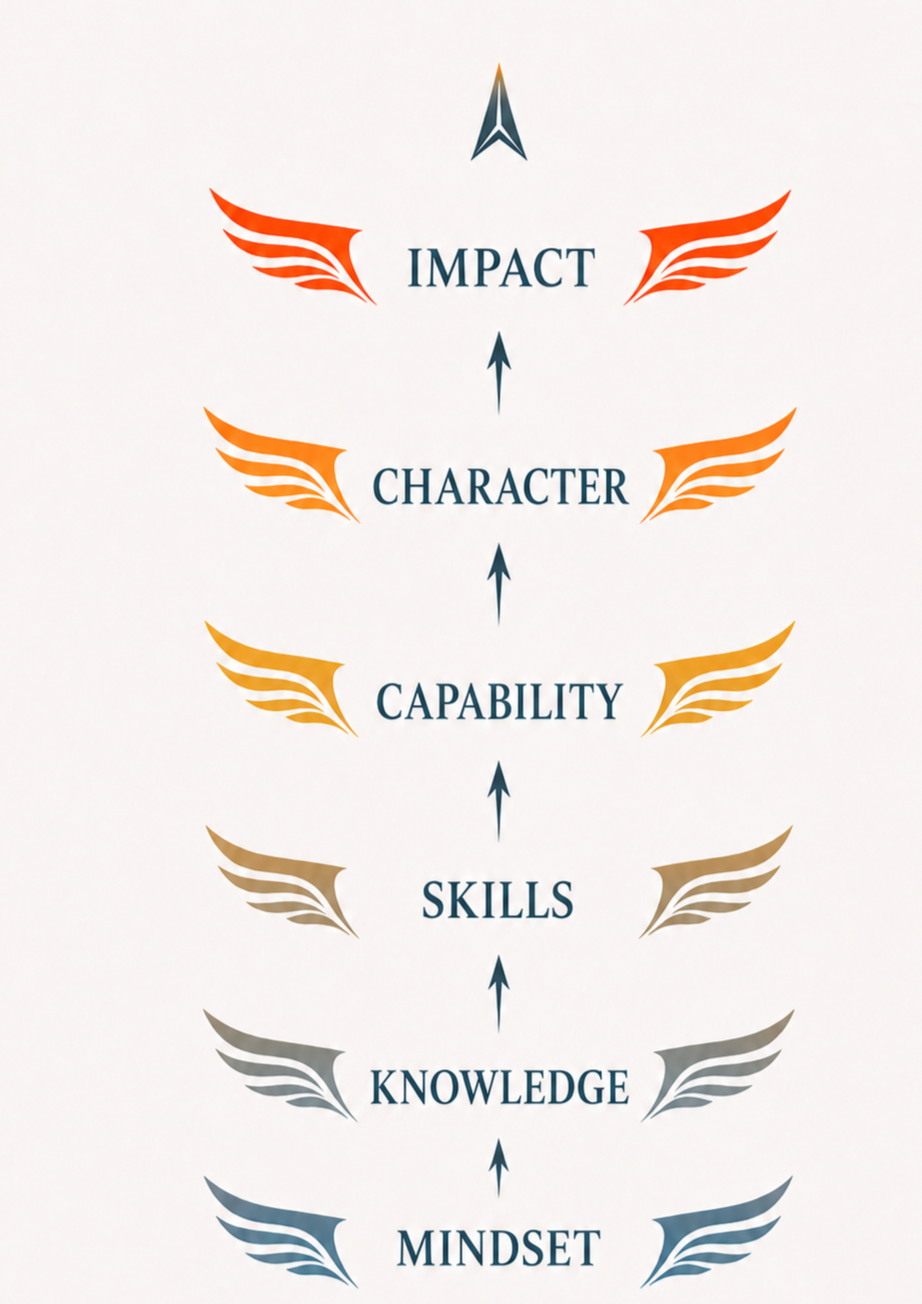 Diagram showing a hierarchy from mindset at the bottom to impact at the top, with each level connected by arrows and wing icons in different shades of orange and gray labeled as mindset, knowledge, skills, capability, character, and impact.