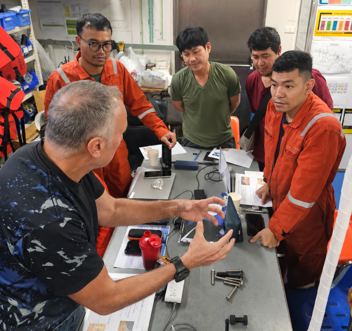 Robert Cummings facilitating a hands-on human-performance exercise with offshore crew members around a work table.