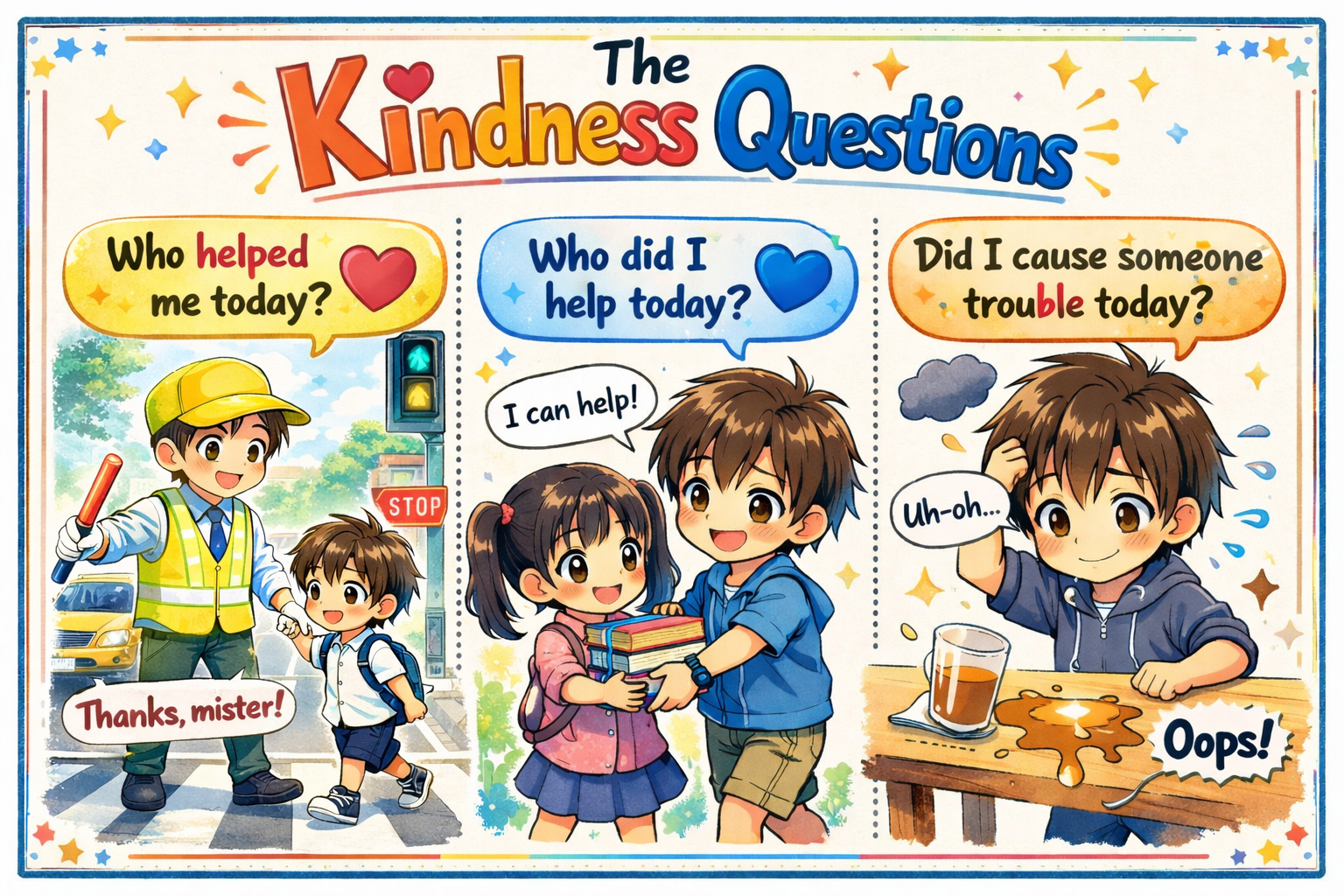 Kindness Questions card for children based on Naikan reflection: who helped me, who did I help, and did I cause someone trouble?