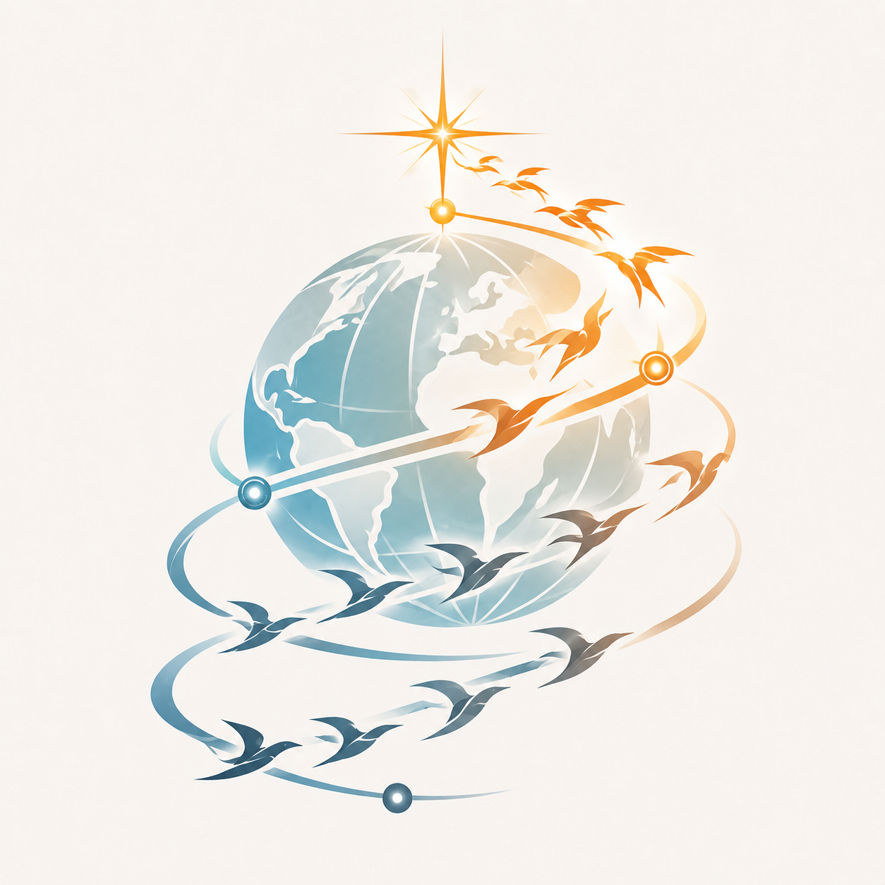 Artistic illustration of the Earth with orbiting birds and glowing celestial objects, symbolizing global connectivity and flight.