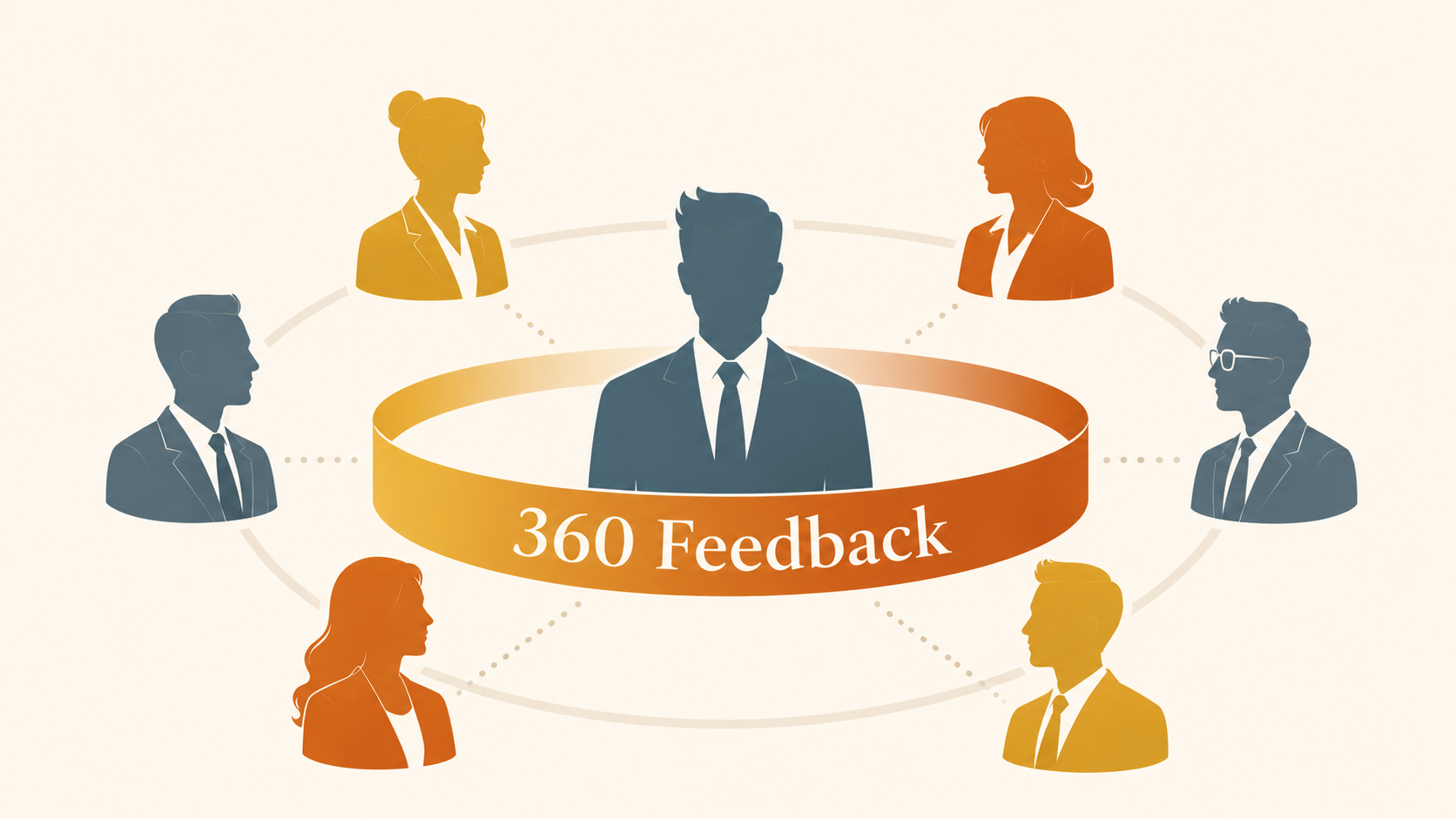 Soft Power Skills illustration of 360-degree feedback, showing a central person receiving perspectives from people around them.