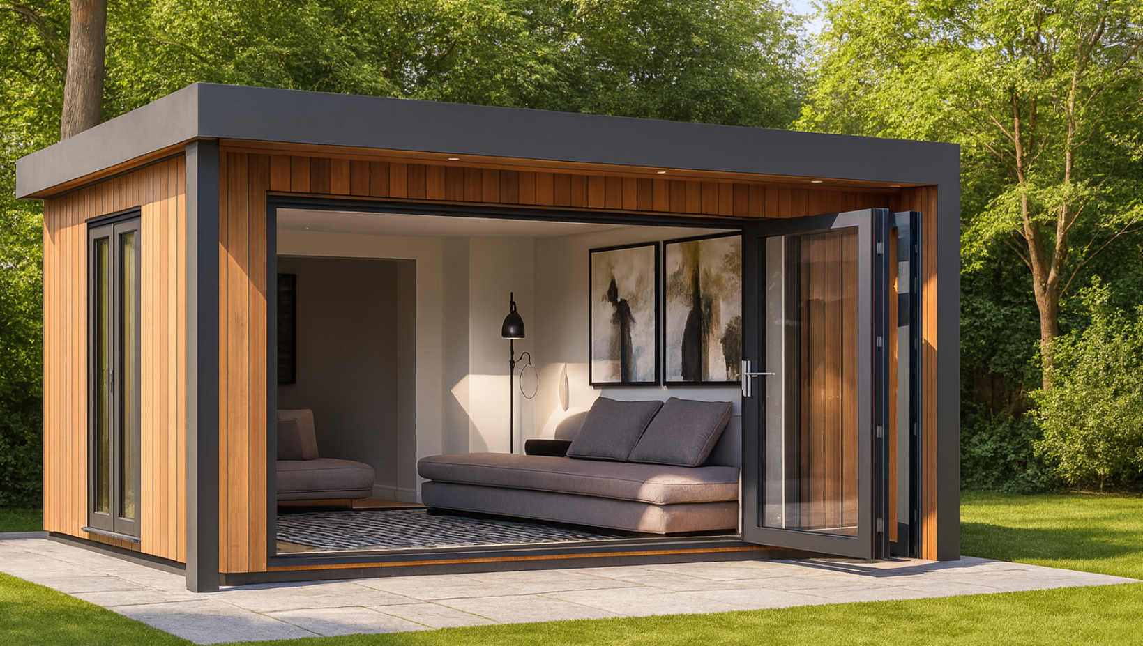 Modern tiny house with wooden exterior walls, open glass door, and interior living room with gray sofa, abstract wall art, and a floor lamp, surrounded by green trees on a sunny day.