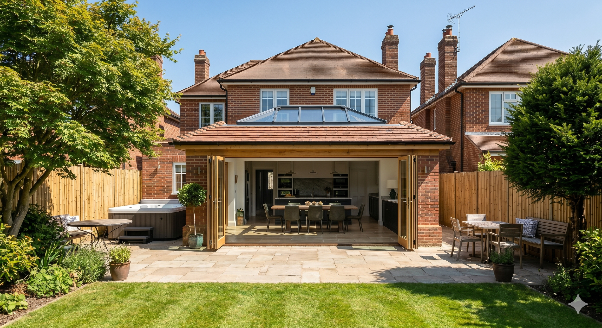 Backyard with open patio doors leading to an indoor kitchen and dining area, surrounded by green lawn, potted plants, outdoor furniture, and trees, with neighboring brick houses visible in the background.