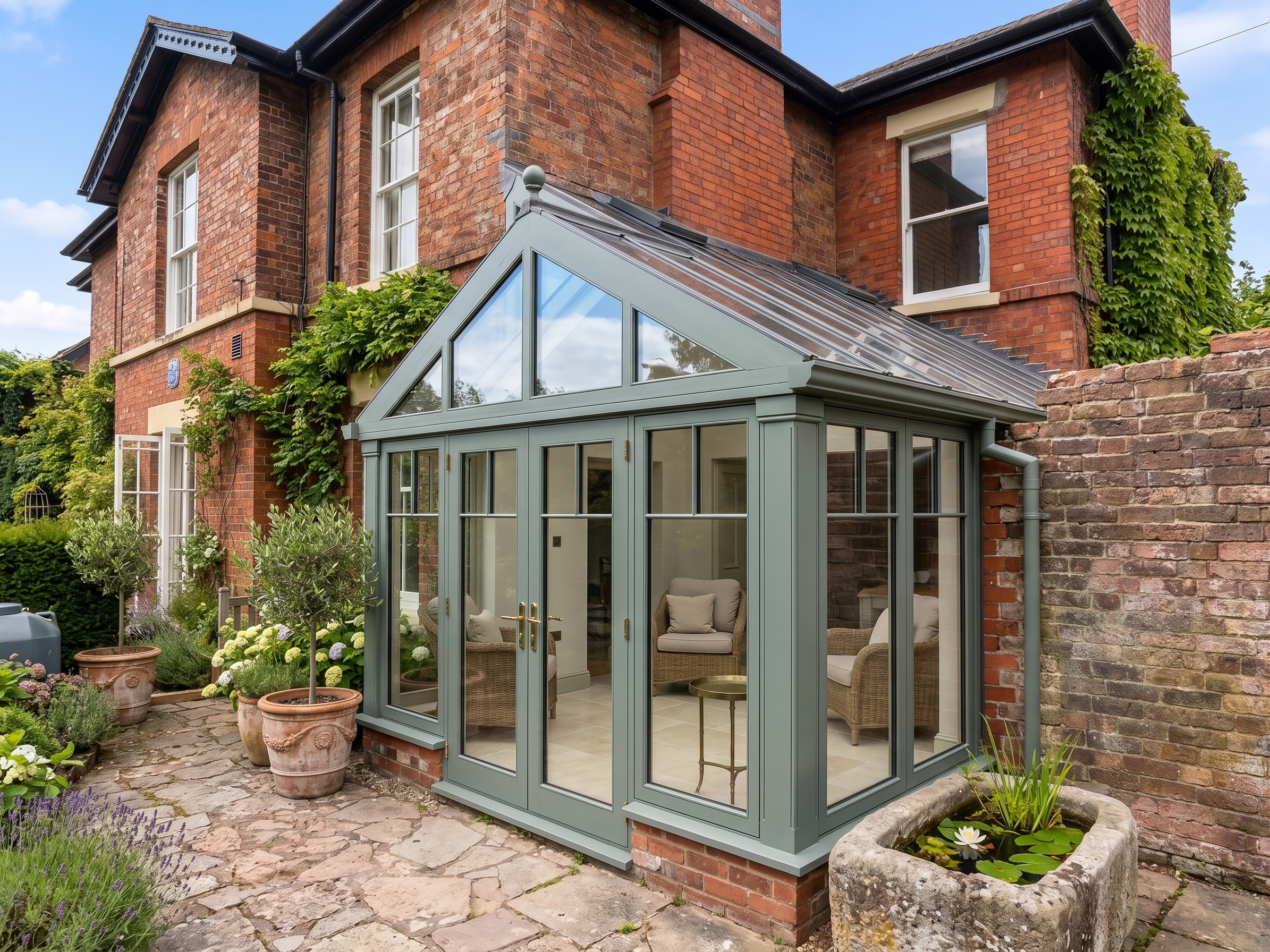 A brick house with a glass conservatory attached to the back, surrounded by a garden with potted plants, trees, and a small pond with water lilies.