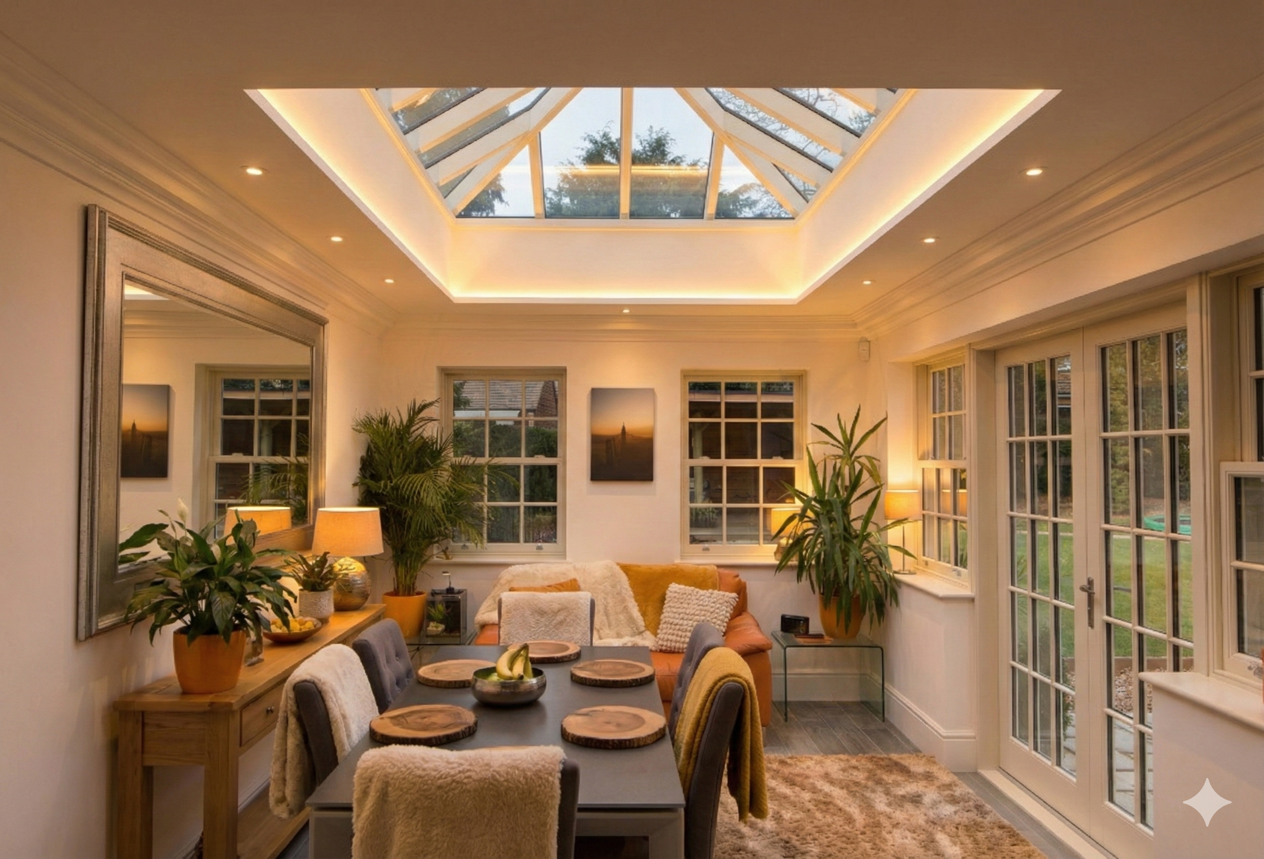 A cozy indoor living room with large windows and a skylight letting in natural light. The room has a dining table with chairs, plants, lamps, and artwork on the walls, creating a warm and inviting atmosphere.