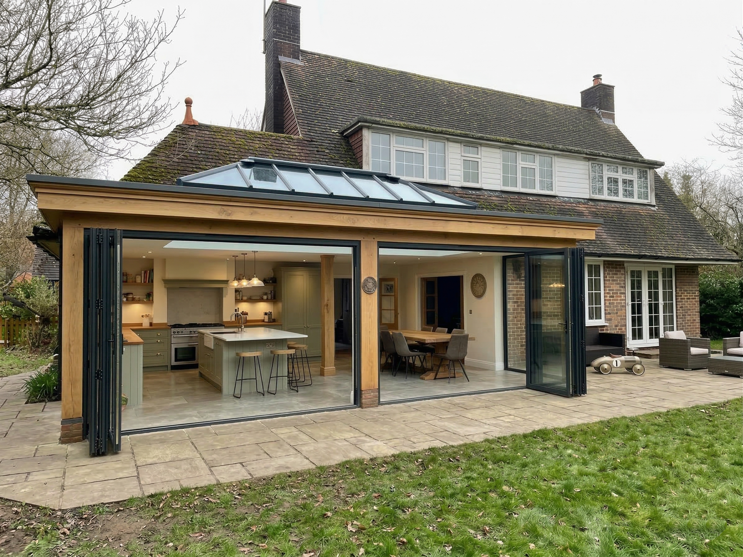 A modern house with a kitchen and dining area visible through large glass sliding doors, a patio with paving stones, a lawn with grass and some tree branches, and part of the upper story with a roof and windows.