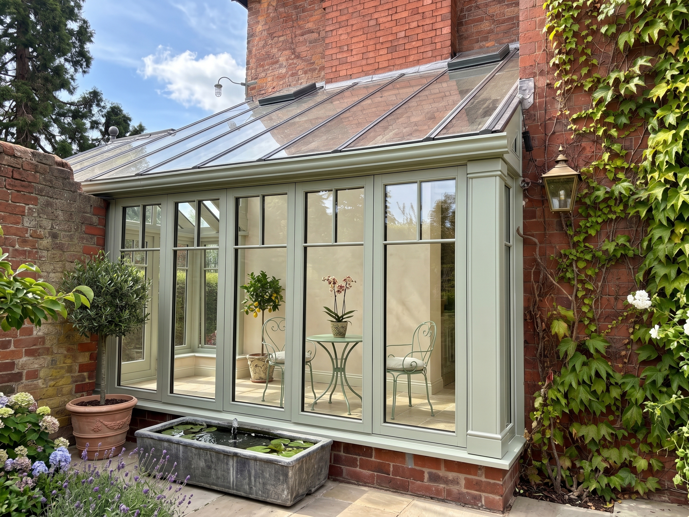 A brick house with a glass conservatory or sunroom attached, surrounded by greenery and potted plants, with a small pond in the foreground.