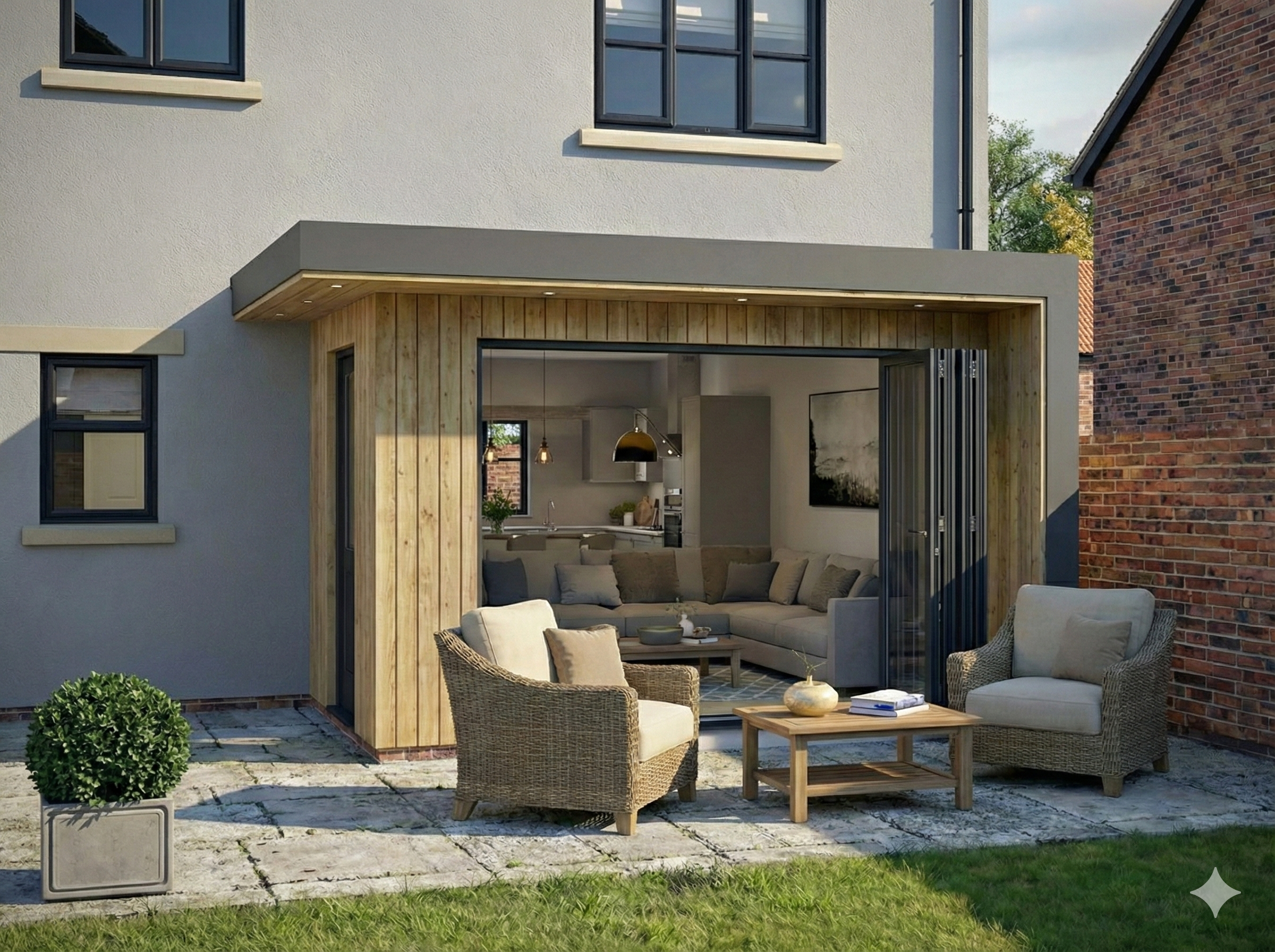 Modern house exterior with an open patio area featuring wicker chairs, a sofa, and a wooden coffee table, with a small decorative shrub in the foreground.