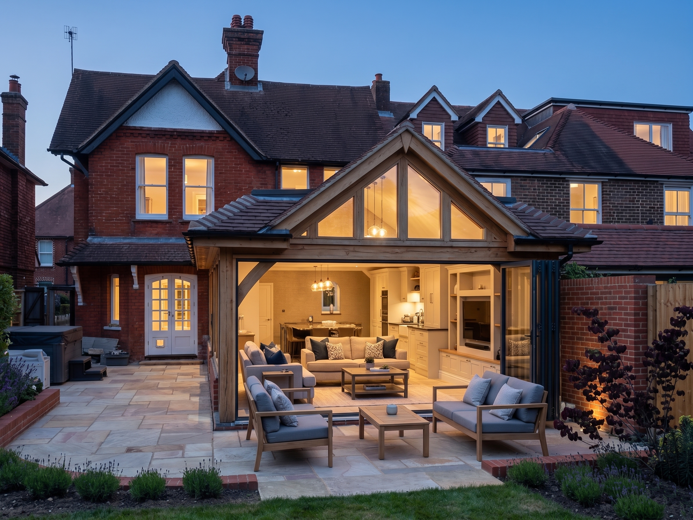 A backyard patio at dusk with outdoor seating area, a wood-framed glass roof structure, and a multi-story brick house with lit windows.