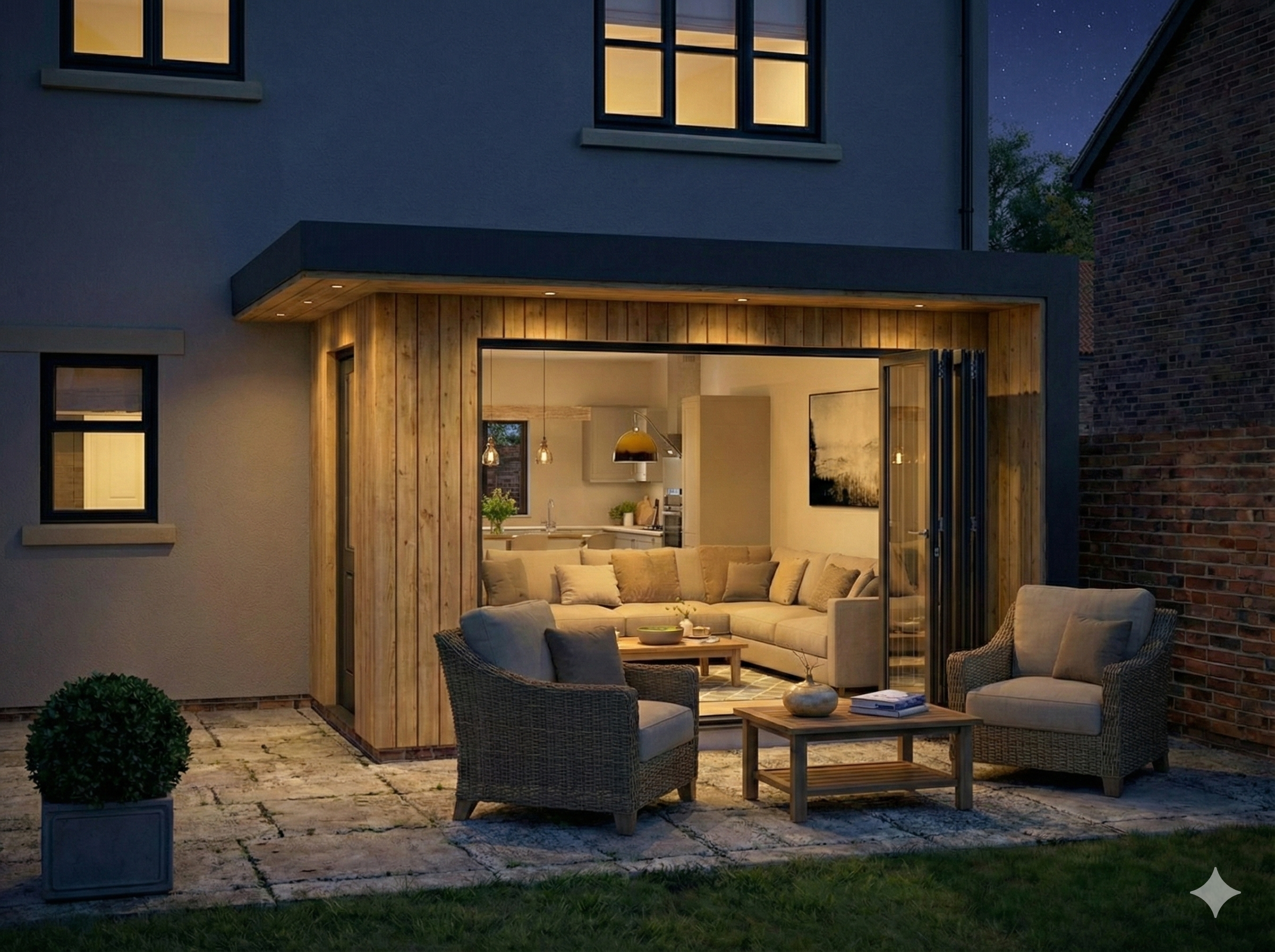 A modern outdoor patio area at night with a cozy seating arrangement inside a house with large glass sliding doors, and an illuminated interior visible, including a kitchen and living room with pendant lights.
