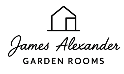 Logo for James Alexander Garden Rooms, featuring a minimalistic outline of a house and text in script and uppercase fonts.