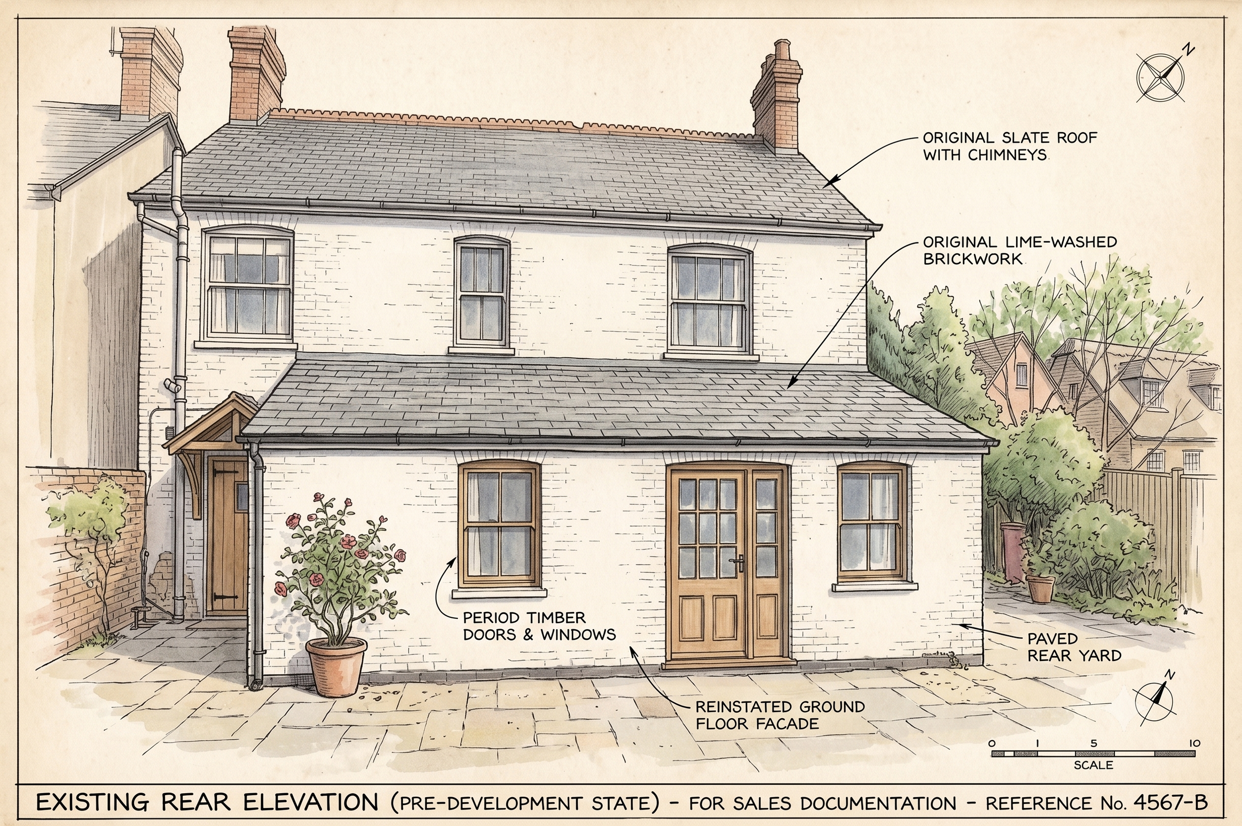 Architectural drawing of a two-story house's rear elevation detail, showing original slate roof with chimneys, lime-washed brickwork, timber doors and windows, paved rear yard, and restored ground floor facade.