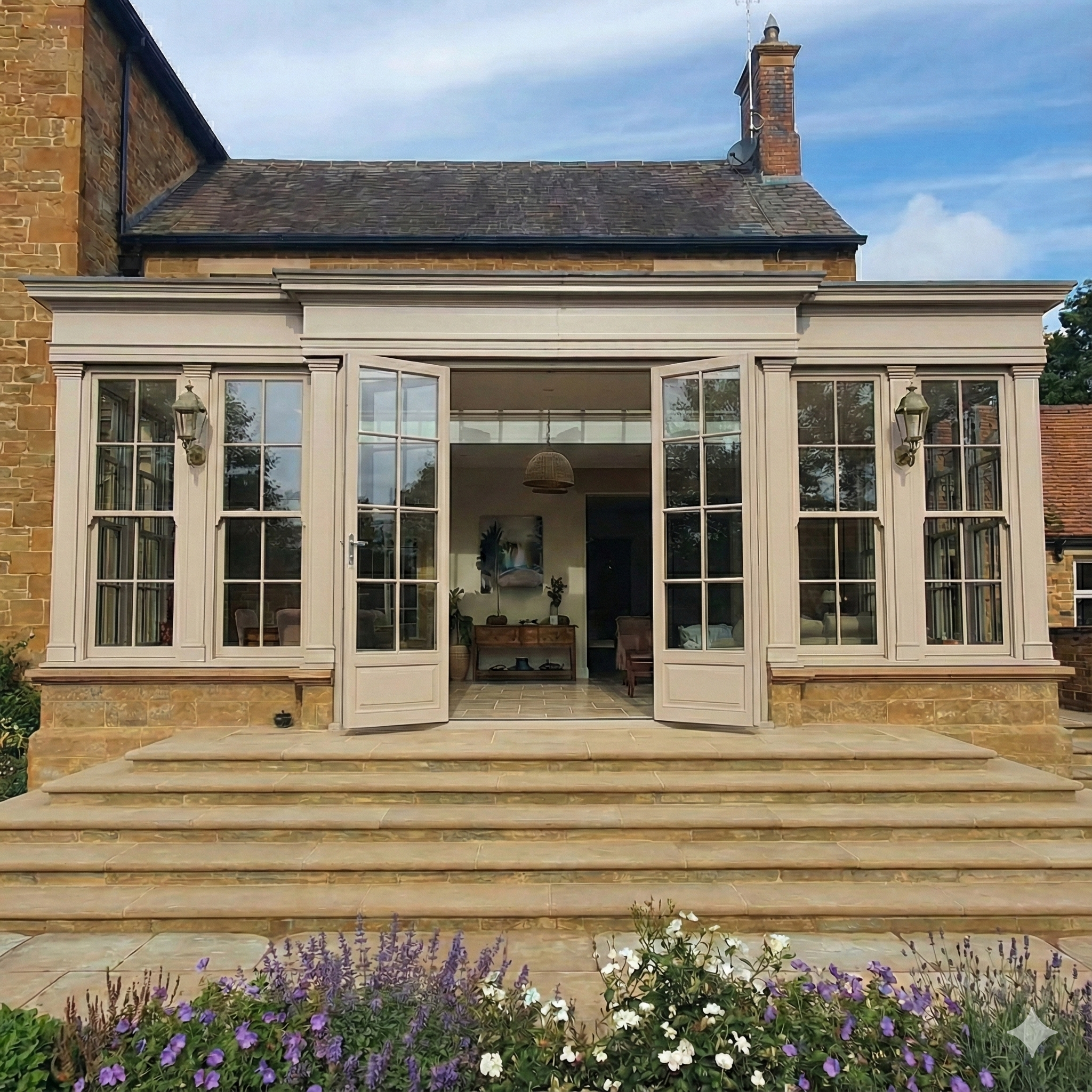 A house with a brick and white frame porch, glass doors, and steps leading up to the porch, with purple and white flowers in the garden in the foreground and a blue sky with some clouds overhead.