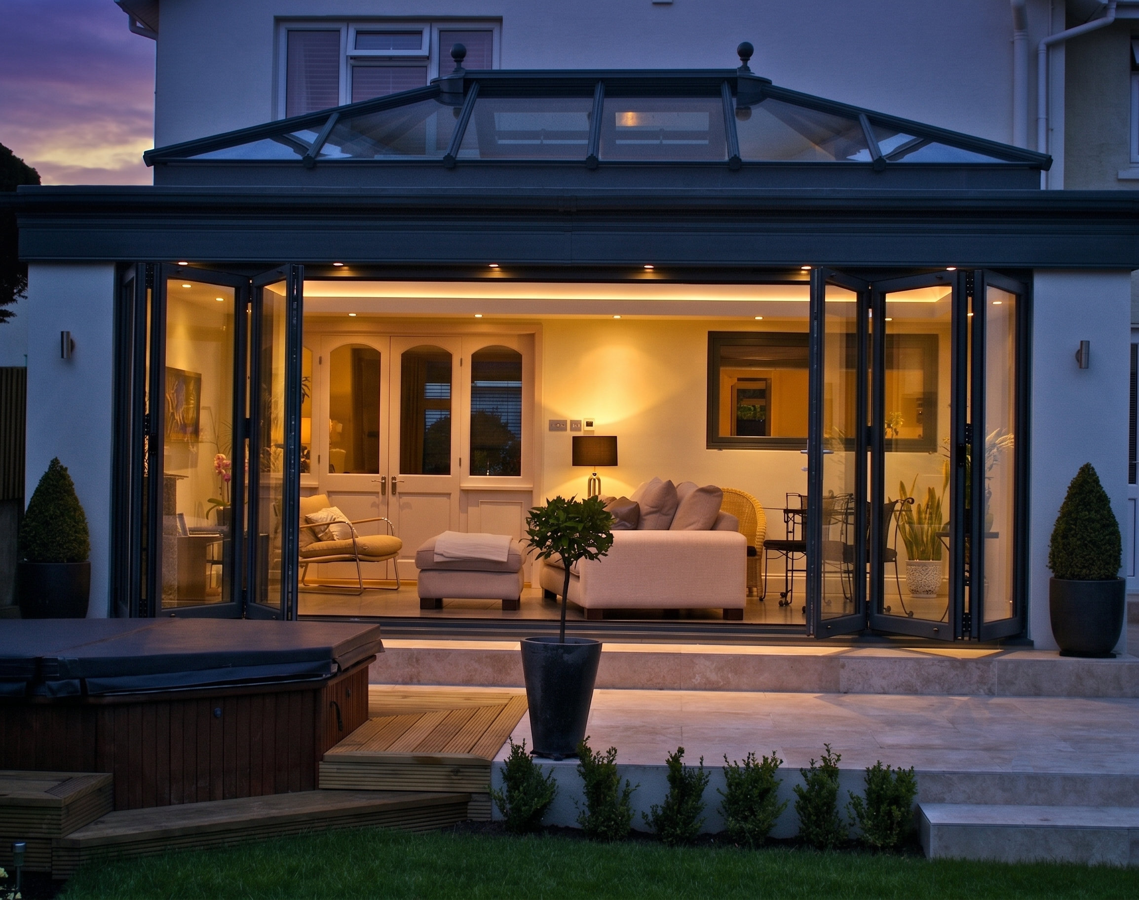 A view of a modern house with an open glass door leading to a cozy indoor living space. The house has a glass conservatory on the upper level with a sunset sky in the background.