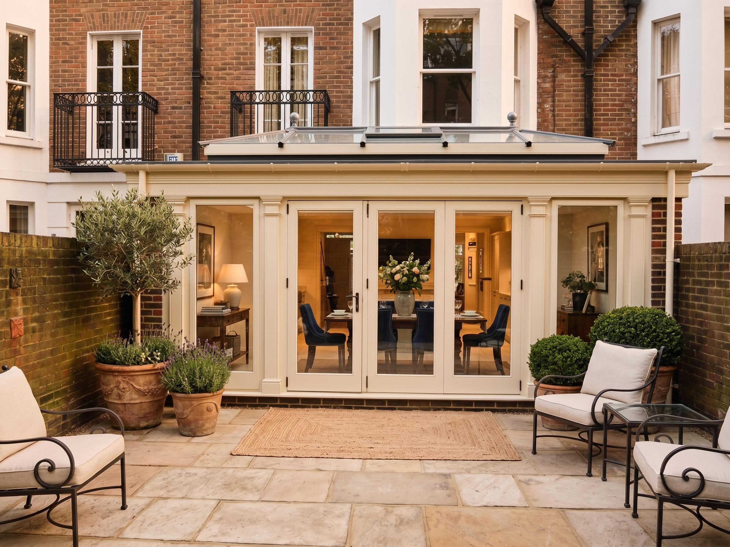 A backyard patio area with outdoor furniture, including white cushioned chairs with black wrought iron frames, two large potted plants, a small table, a beige rug, and a brick wall with large glass doors leading inside a room with visible interior decor and a vase with flowers.