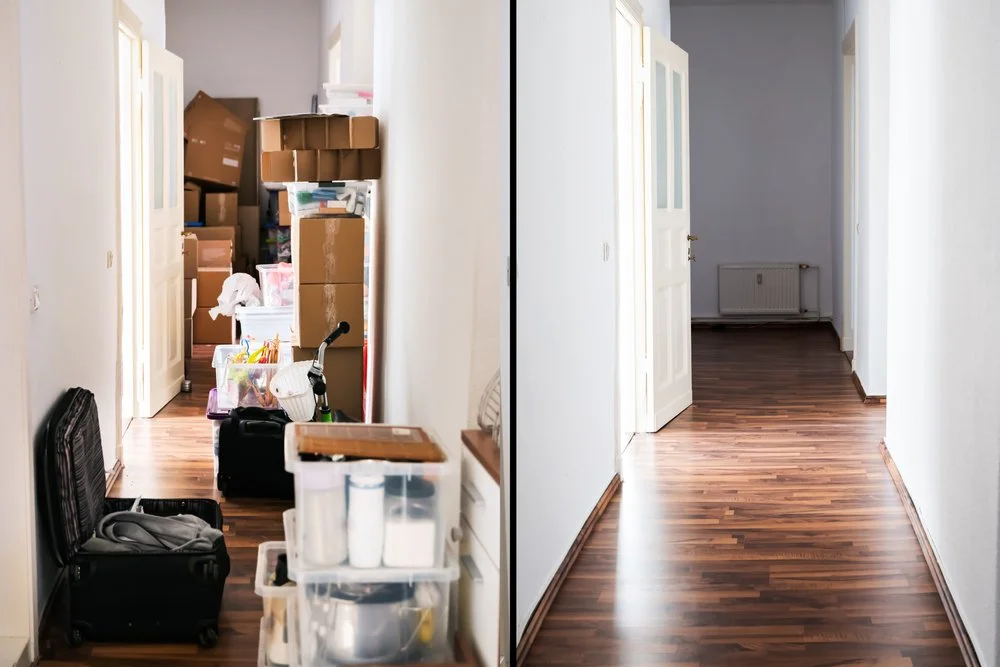 Comparison of two hallways: left cluttered with boxes, bags, and storage containers; right clean and empty with hardwood floors and a radiator.