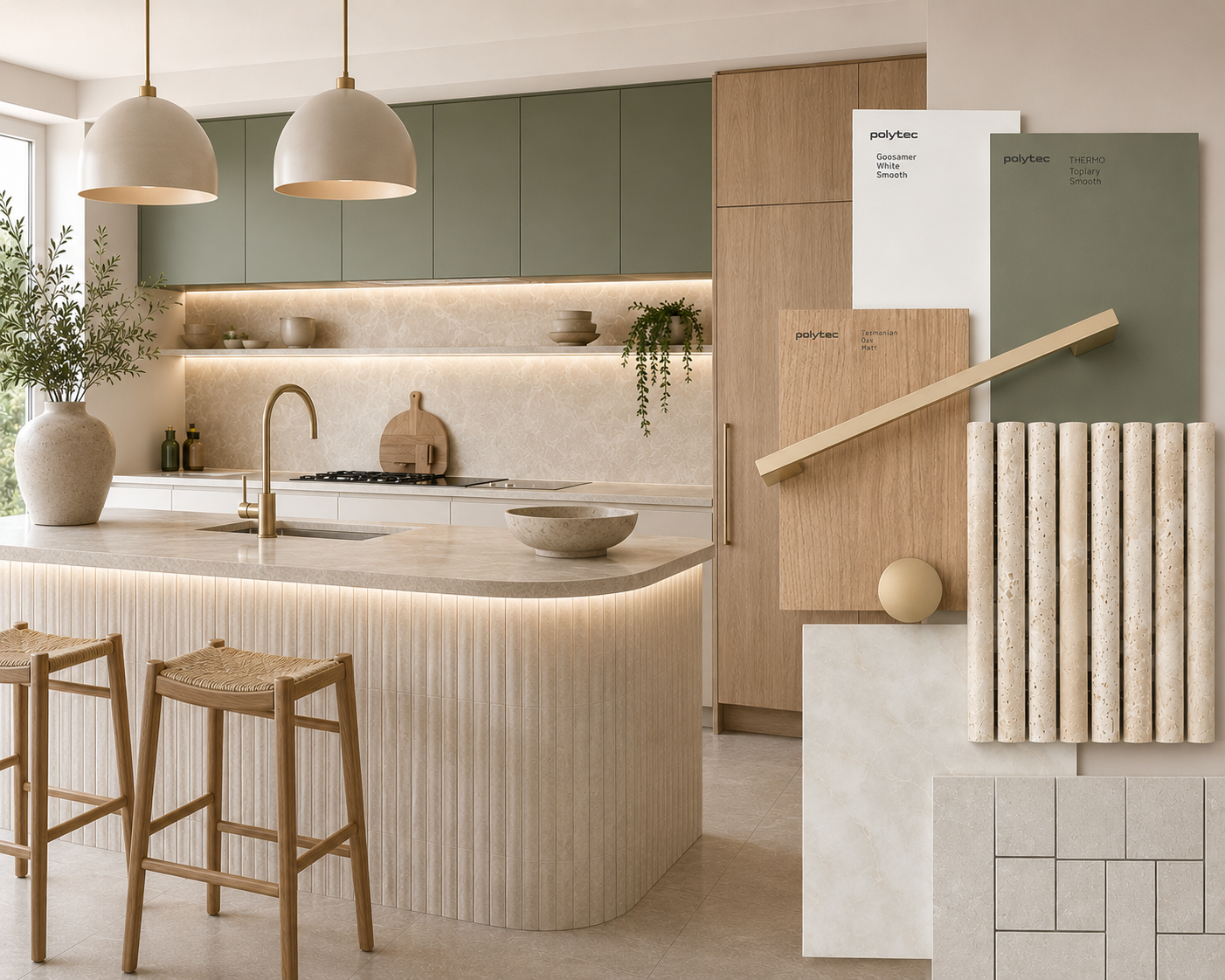 Modern kitchen with beige and green color scheme, featuring a marble island with two wooden stools, light pendant lights, and various decorative elements including vases, bowls, and textured panels.