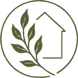 A logo with a leaf branch and a simple house outline within a circle