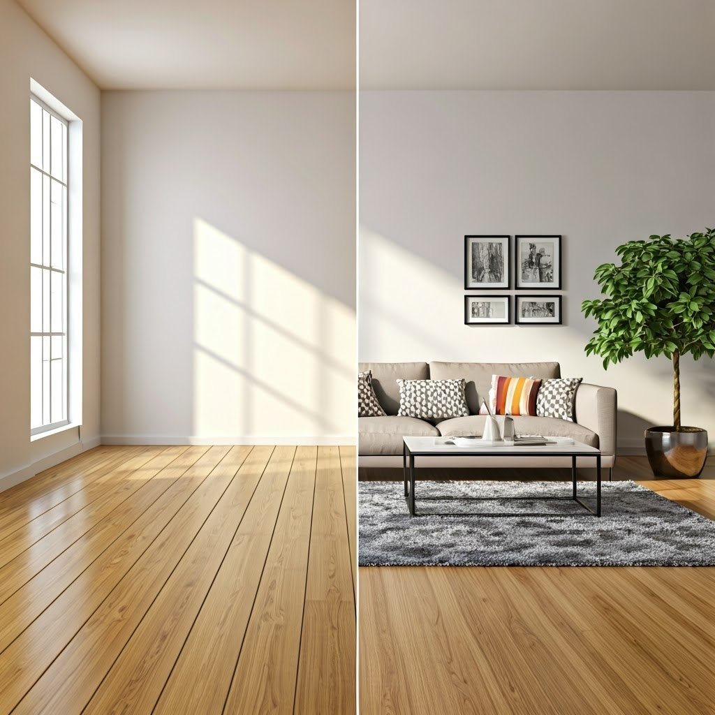 A side-by-side comparison of a room before and after decorating. The left side shows an empty room with wooden floors, a large window, and white walls. The right side shows the same room furnished with a beige sofa, patterned pillows, a black coffee table, a gray rug, artwork on the wall, and a large indoor plant.