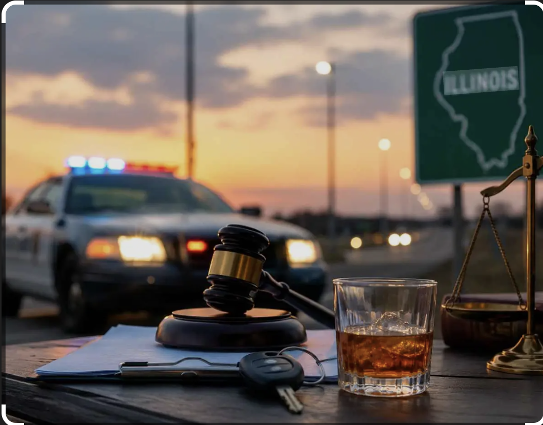 A judge's gavel and a glass of whiskey on a table with a police car with flashing lights and Illinois road sign in the background at sunset.