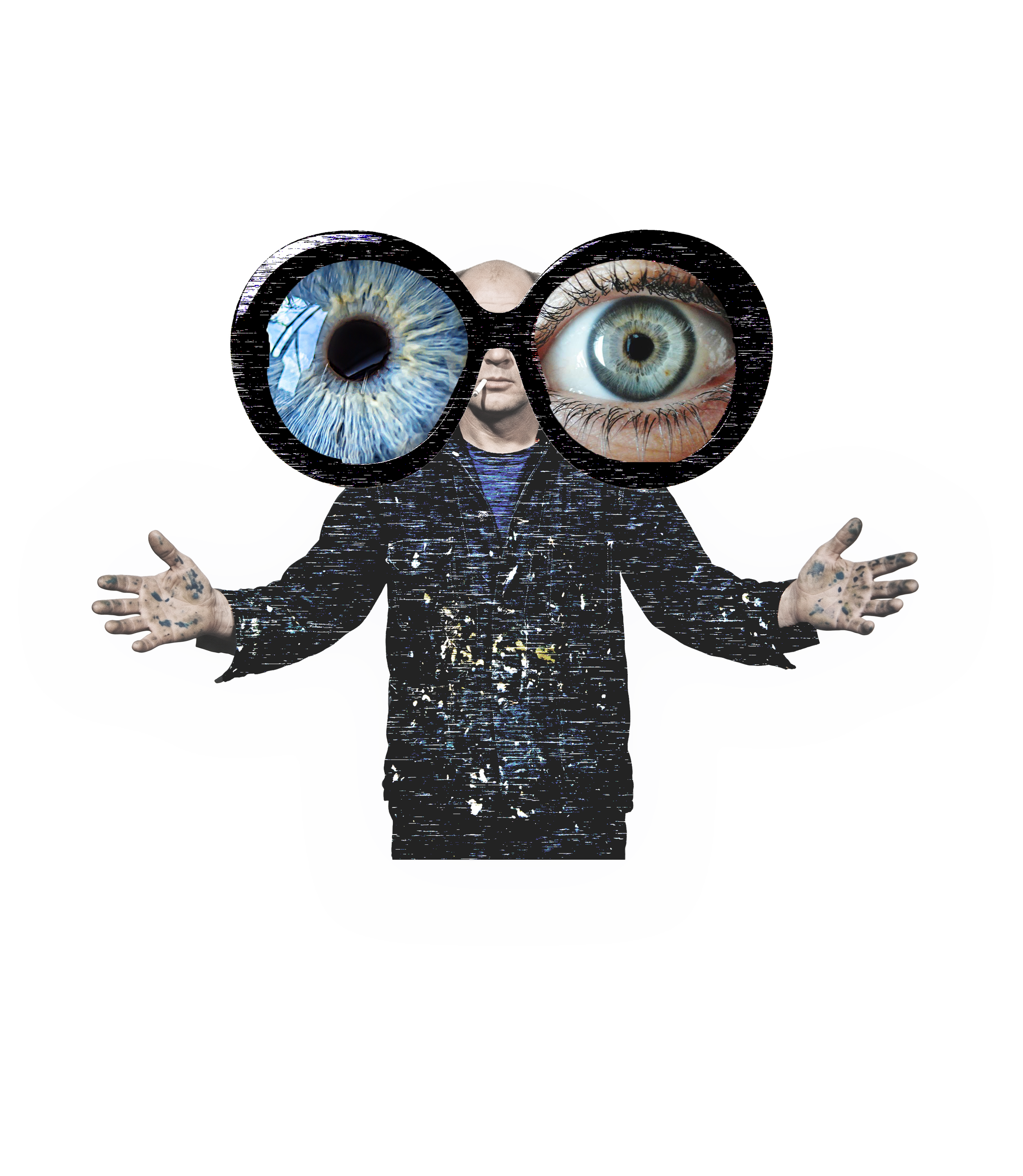 A person in a black hooded outfit with tattoos on their hands is holding their hands out to the sides. Large glasses with images of an eye on the left lens and a human eye on the right lens obscure the person's face. The image appears digitally distorted with glitch effects.