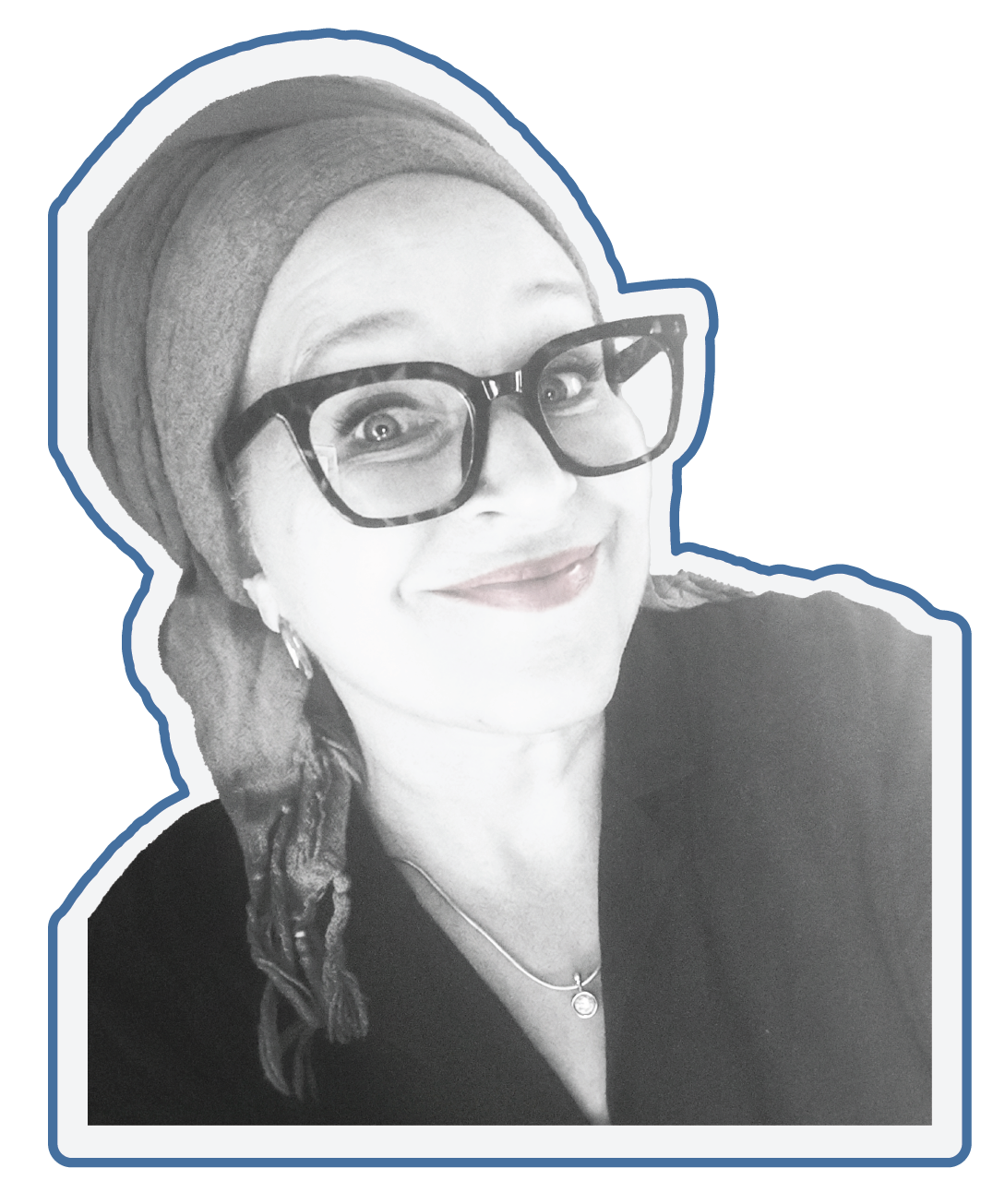 A black-and-white photo of a woman wearing large glasses, a hat, and a necklace, with a smile on her face. The image has a blue background with white and dark borders around the photo.